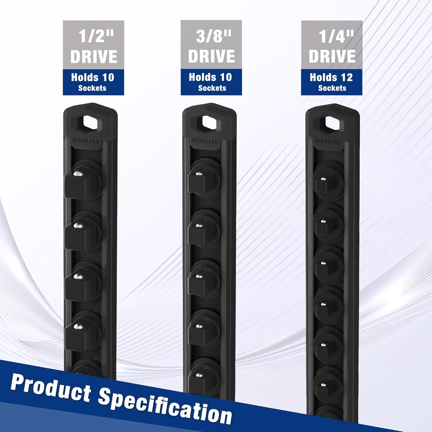 WORKPRO Magnetic Socket Organizer, 1/2-Inch Drive Aluminum Alloy Socket Rail, Heavy Duty Socket Holder, Socket Rack Kit 1/2-Inch x 10 Clips Black (Socket not Included) | ‎Magnetic Socket Rail, Rotatable & Moveable Clips - Image 8