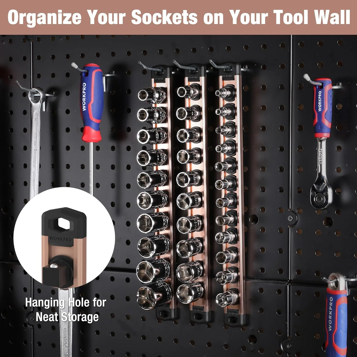 WORKPRO Magnetic Socket Organizer, 1/2-Inch Drive Aluminum Alloy Socket Rail, Heavy Duty Socket Holder, Socket Rack Kit 1/2-Inch x 10 Clips Champagne (Socket not Included) - Image 6