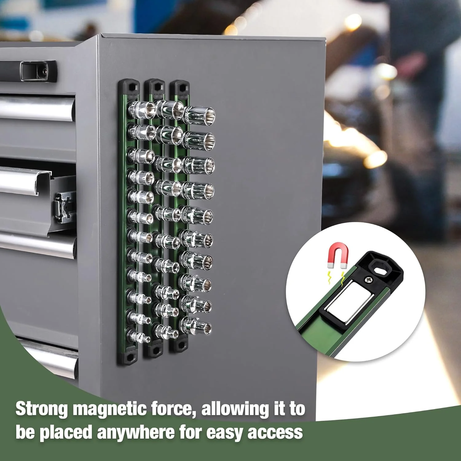 WORKPRO Magnetic Socket Organizer, 1/2-Inch Drive Aluminum Alloy Socket Rail, Heavy Duty Socket Holder, Socket Rack Kit 1/2-Inch x 10 Clips Green (Socket not Included) - Image 3