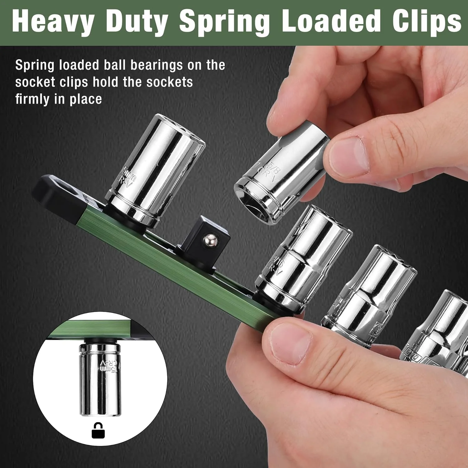 WORKPRO Magnetic Socket Organizer, 1/2-Inch Drive Aluminum Alloy Socket Rail, Heavy Duty Socket Holder, Socket Rack Kit 1/2-Inch x 10 Clips Green (Socket not Included) - Image 5