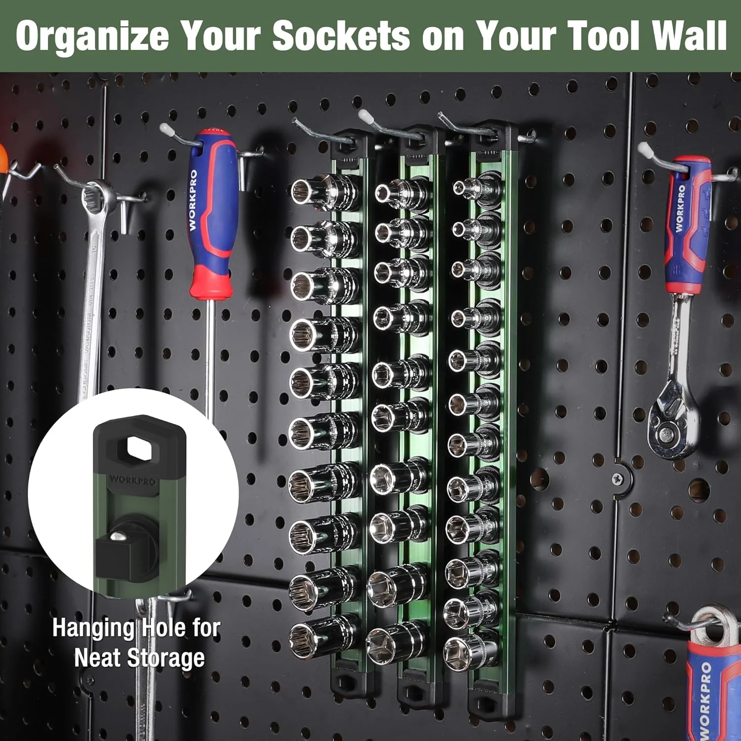 WORKPRO Magnetic Socket Organizer, 1/2-Inch Drive Aluminum Alloy Socket Rail, Heavy Duty Socket Holder, Socket Rack Kit 1/2-Inch x 10 Clips Green (Socket not Included) - Image 6