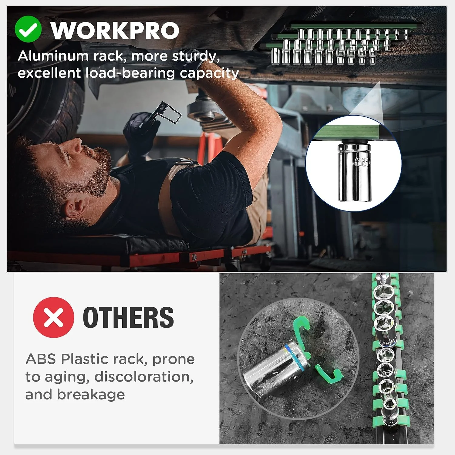 WORKPRO Magnetic Socket Organizer, 1/2-Inch Drive Aluminum Alloy Socket Rail, Heavy Duty Socket Holder, Socket Rack Kit 1/2-Inch x 10 Clips Green (Socket not Included) - Image 7