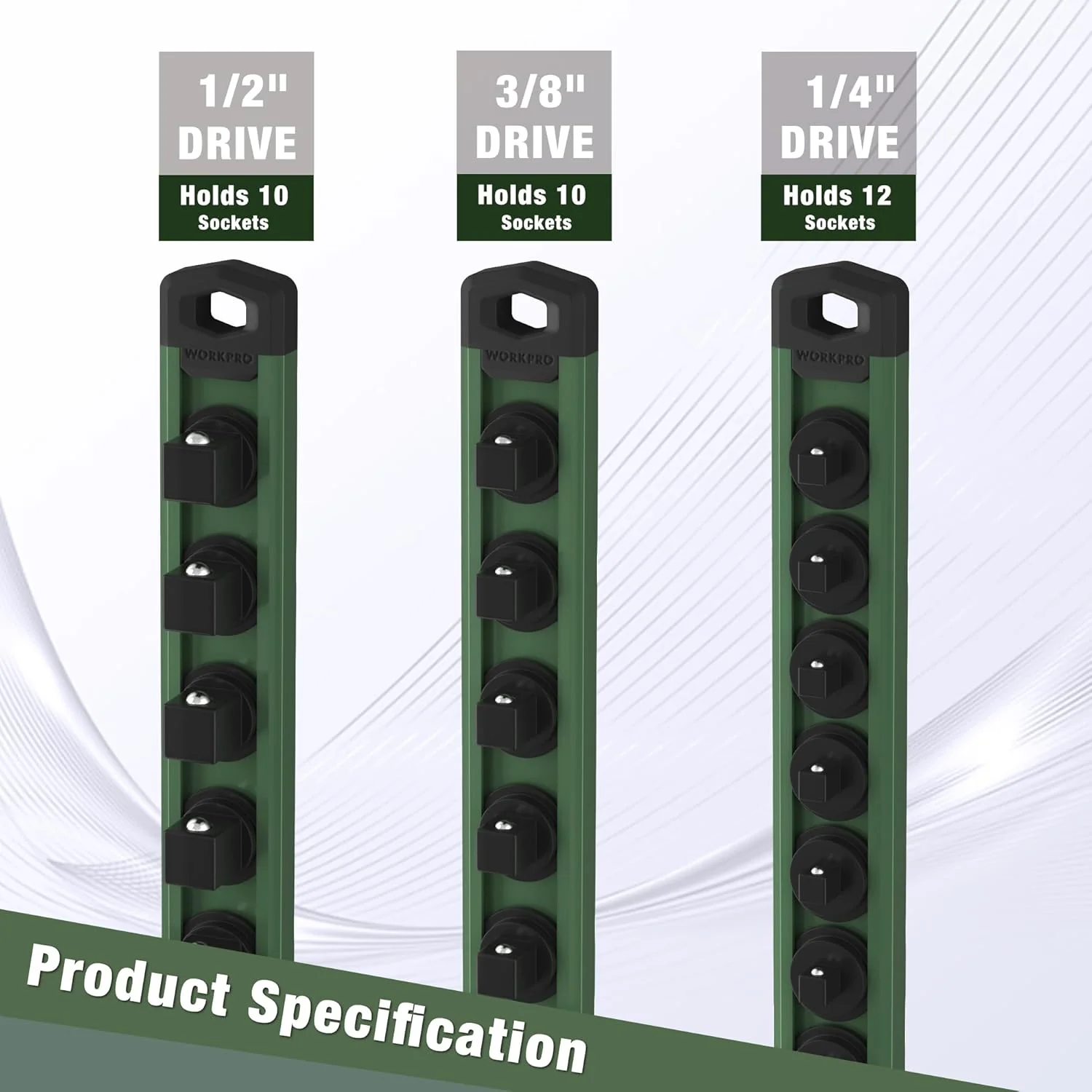 WORKPRO Magnetic Socket Organizer, 1/2-Inch Drive Aluminum Alloy Socket Rail, Heavy Duty Socket Holder, Socket Rack Kit 1/2-Inch x 10 Clips Green (Socket not Included) - Image 8