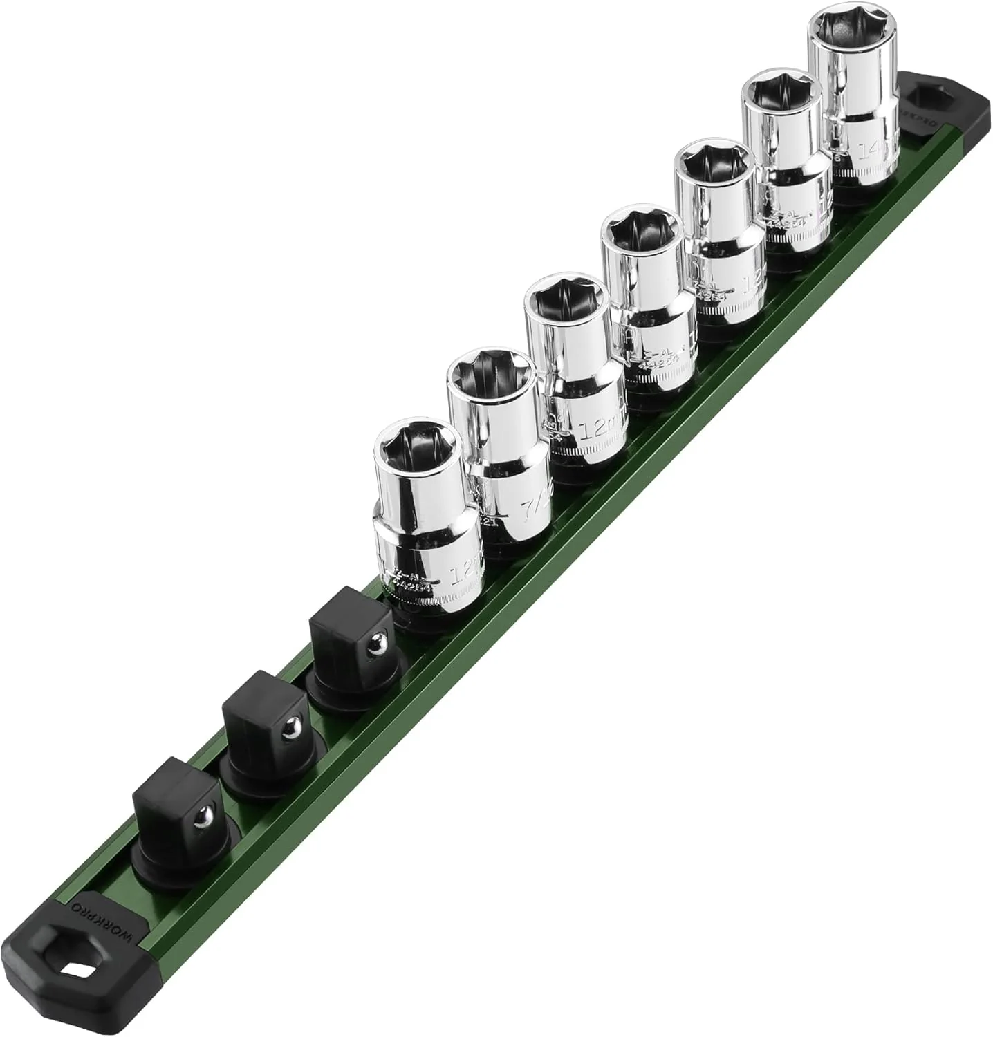 WORKPRO Magnetic Socket Organizer, 1/2-Inch Drive Aluminum Alloy Socket Rail, Heavy Duty Socket Holder, Socket Rack Kit 1/2-Inch x 10 Clips Green (Socket not Included) - Image 9