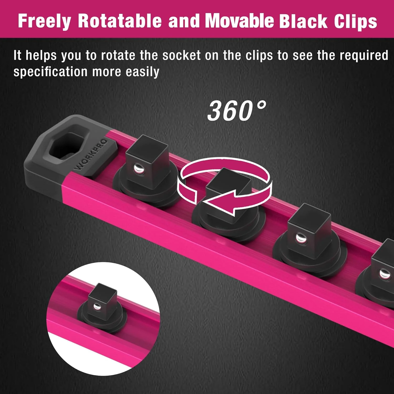 WORKPRO Magnetic Socket Organizer, 1/2-Inch Drive Aluminum Alloy Socket Rail, Heavy Duty Socket Holder, Socket Rack Kit 1/2-Inch x 10 Clips Rose Red(Socket not Included) - Image 5