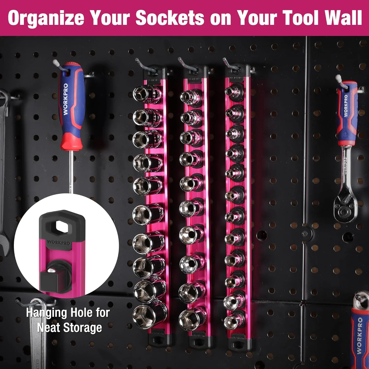 WORKPRO Magnetic Socket Organizer, 1/2-Inch Drive Aluminum Alloy Socket Rail, Heavy Duty Socket Holder, Socket Rack Kit 1/2-Inch x 10 Clips Rose Red(Socket not Included) - Image 6