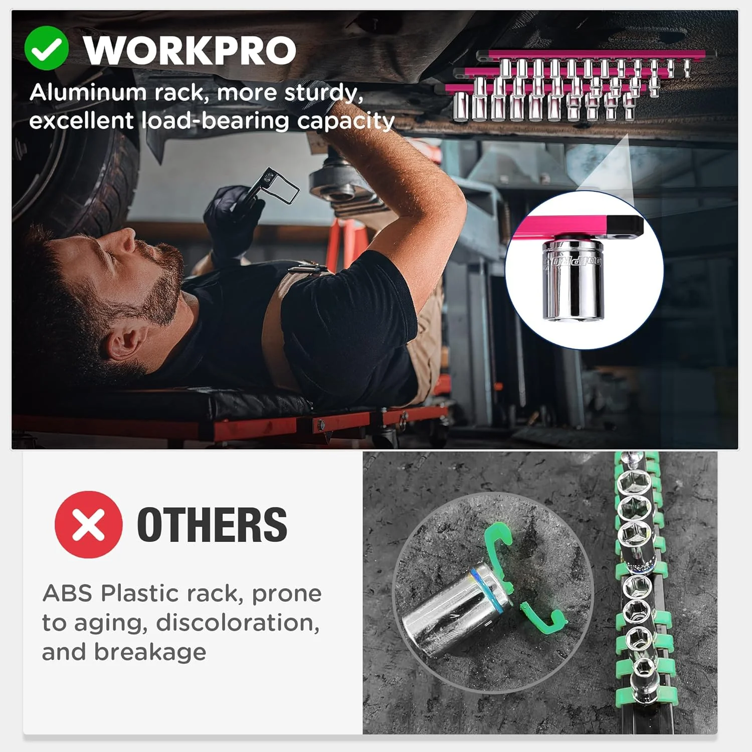WORKPRO Magnetic Socket Organizer, 1/2-Inch Drive Aluminum Alloy Socket Rail, Heavy Duty Socket Holder, Socket Rack Kit 1/2-Inch x 10 Clips Rose Red(Socket not Included) - Image 7