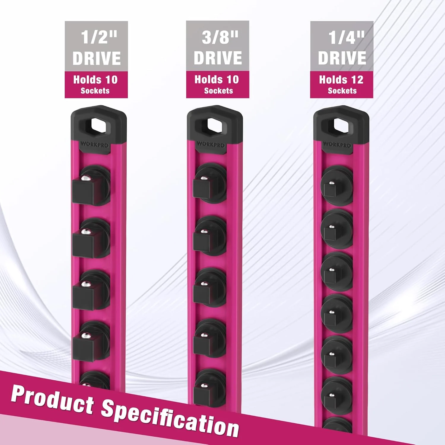 WORKPRO Magnetic Socket Organizer, 1/2-Inch Drive Aluminum Alloy Socket Rail, Heavy Duty Socket Holder, Socket Rack Kit 1/2-Inch x 10 Clips Rose Red(Socket not Included) - Image 8