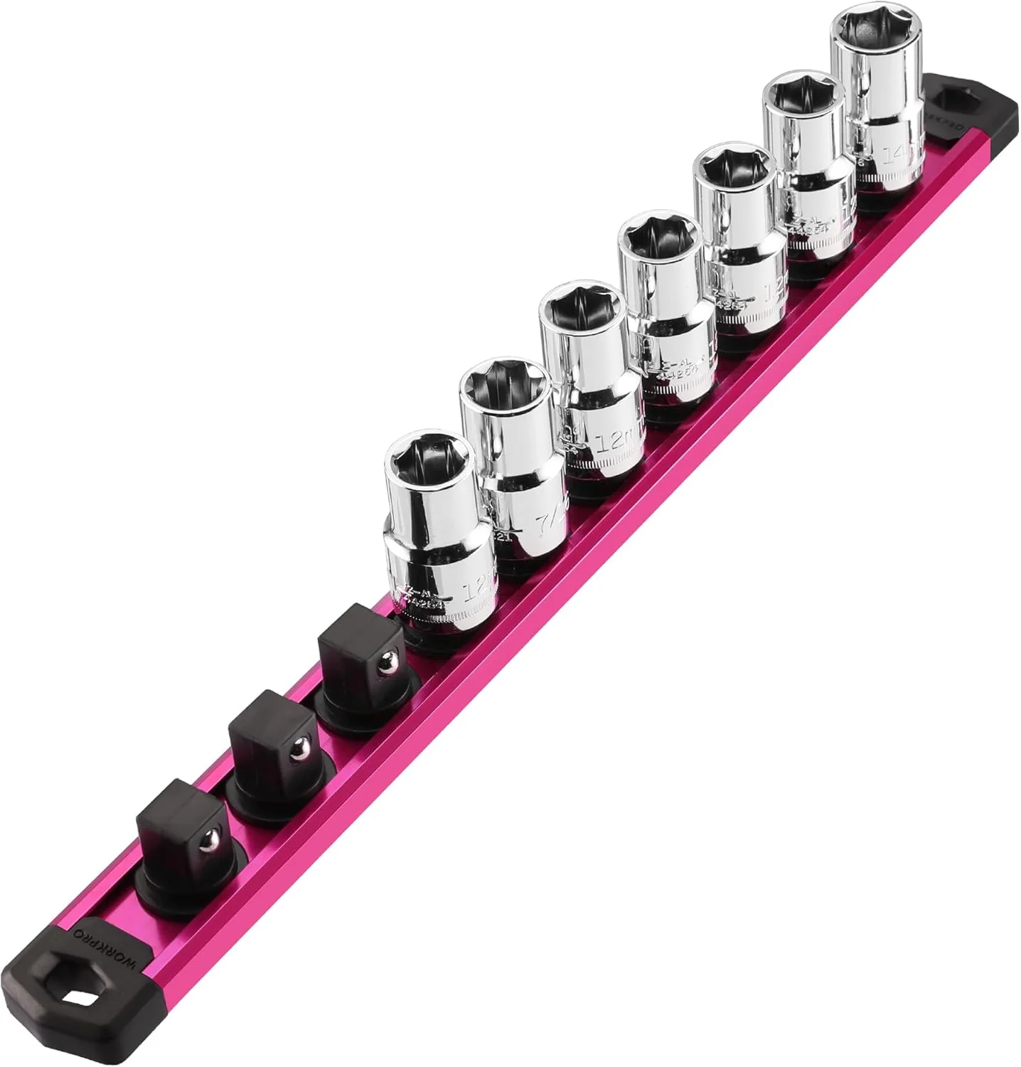 WORKPRO Magnetic Socket Organizer, 1/2-Inch Drive Aluminum Alloy Socket Rail, Heavy Duty Socket Holder, Socket Rack Kit 1/2-Inch x 10 Clips Rose Red(Socket not Included) - Image 9