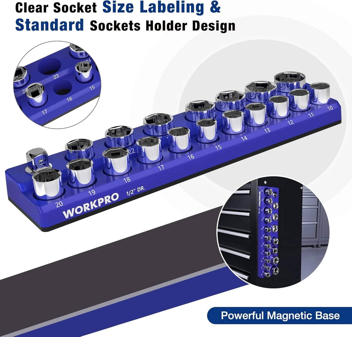 WORKPRO Magnetic Socket Organizer, 1/2-Inch Metric Socket Holder, Socket Trays Holds 19 Pieces Standard Size and Deep Size Sockets(Sockets not Included) - Image 5