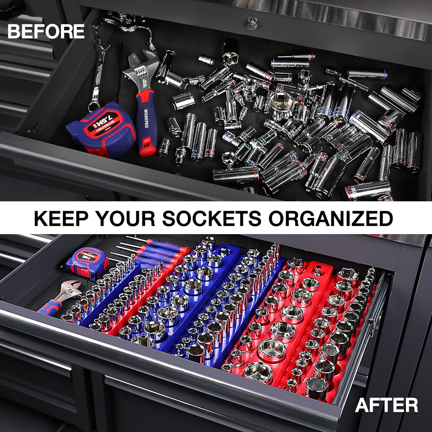 WORKPRO Magnetic Socket Organizer, 1/2-Inch Metric Socket Holder, Socket Trays Holds 19 Pieces Standard Size and Deep Size Sockets(Sockets not Included) - Image 6