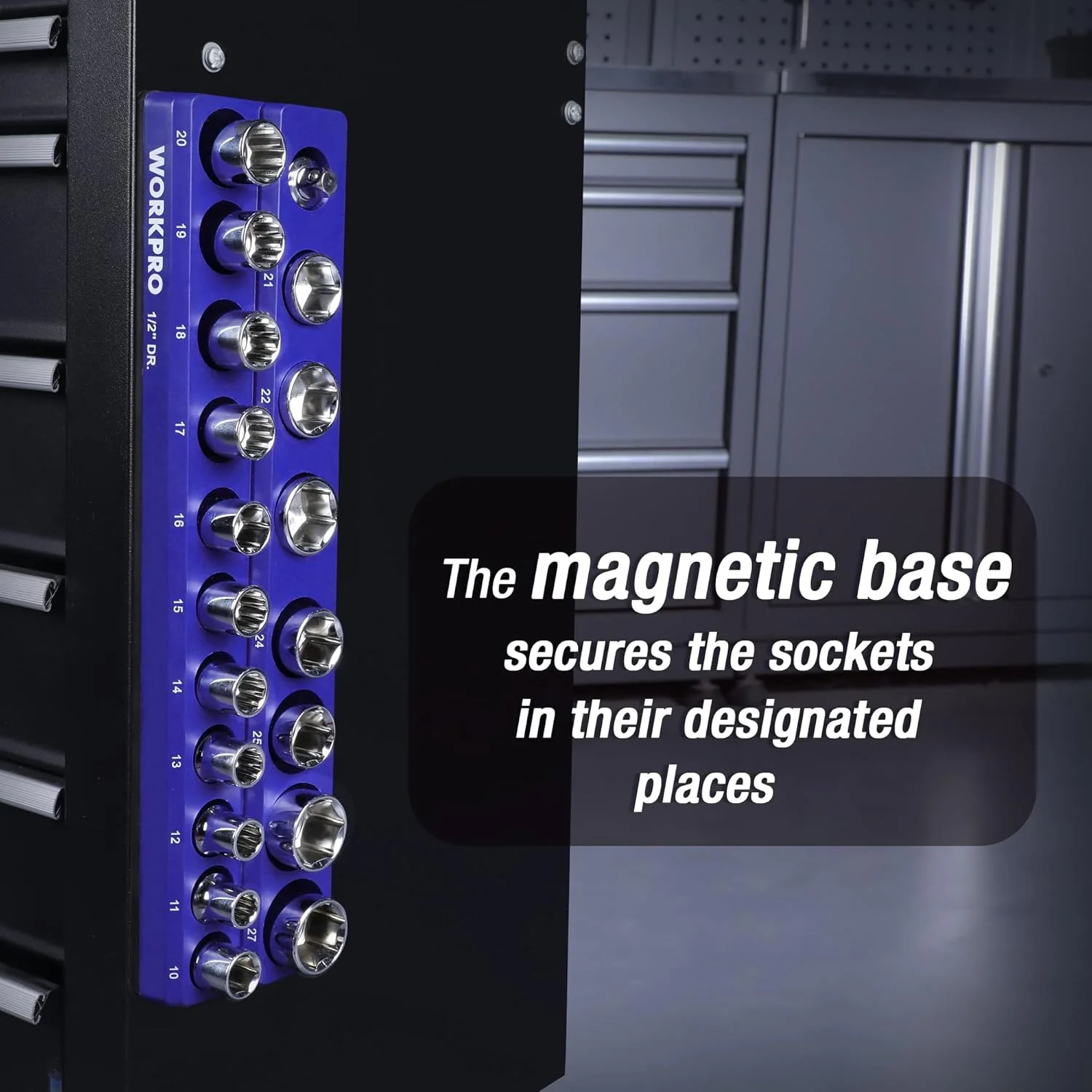 WORKPRO Magnetic Socket Organizer, 1/2-Inch Metric Socket Holder, Socket Trays Holds 19 Pieces Standard Size and Deep Size Sockets(Sockets not Included) - Image 7