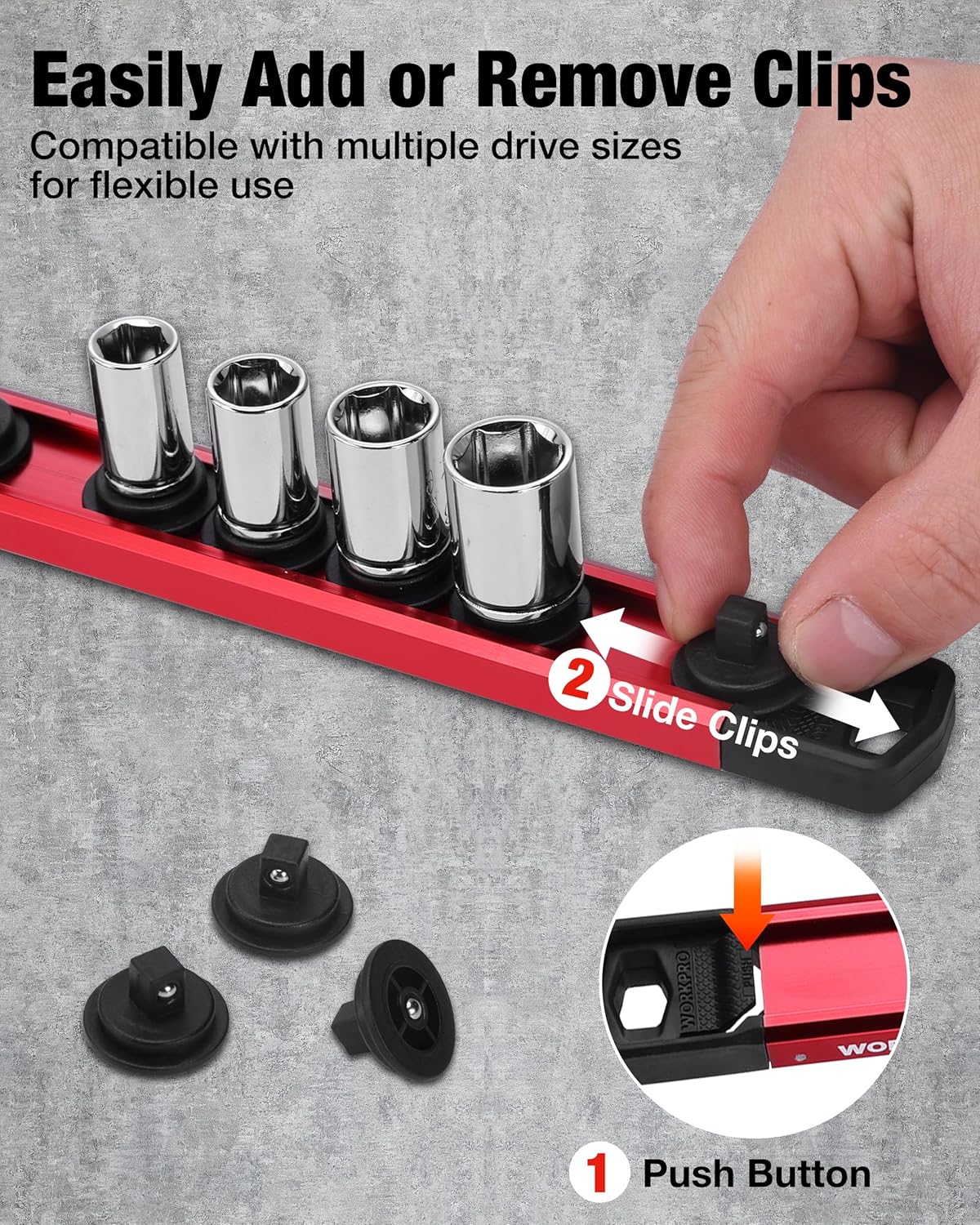 WORKPRO Magnetic Socket Organizer, 1/4" Drive Aluminum Alloy Socket Holder with 12PC Removable Socket Clips for Quick Customization, Socket Rail for Tool Box Drawer (Sockets Not Included) - Image 2
