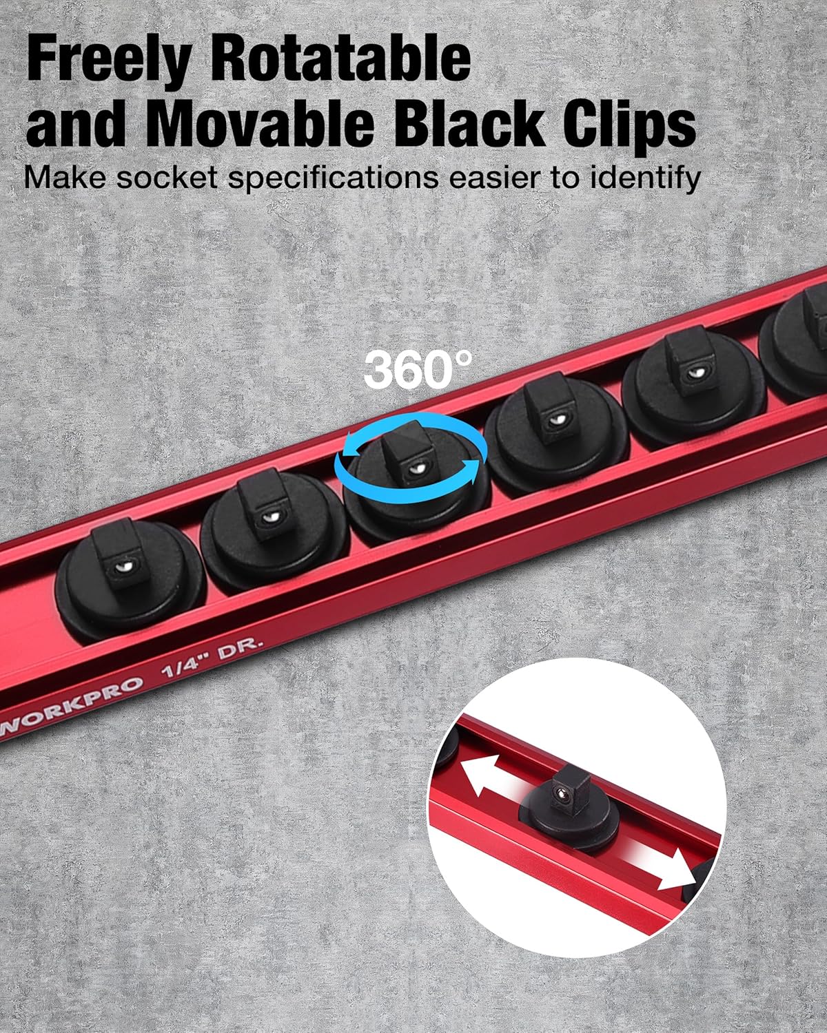 WORKPRO Magnetic Socket Organizer, 1/4" Drive Aluminum Alloy Socket Holder with 12PC Removable Socket Clips for Quick Customization, Socket Rail for Tool Box Drawer (Sockets Not Included) - Image 5