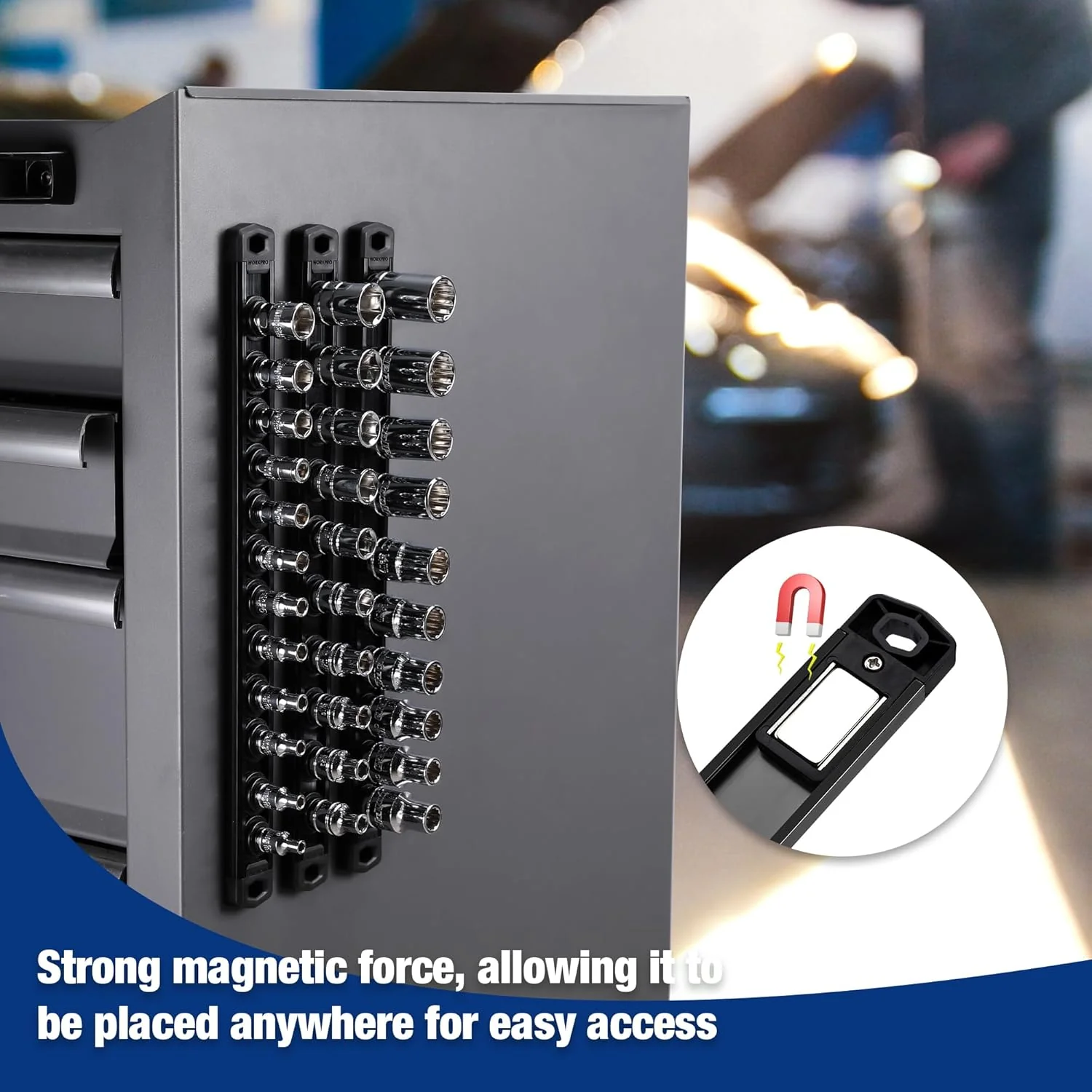 WORKPRO Magnetic Socket Organizer, 1/4-Inch Drive Aluminum Alloy Socket Rail, Heavy Duty Socket Holder, Socket Rack Kit 1/4-Inch x 12 Clips Black (Socket not Included) - Image 3