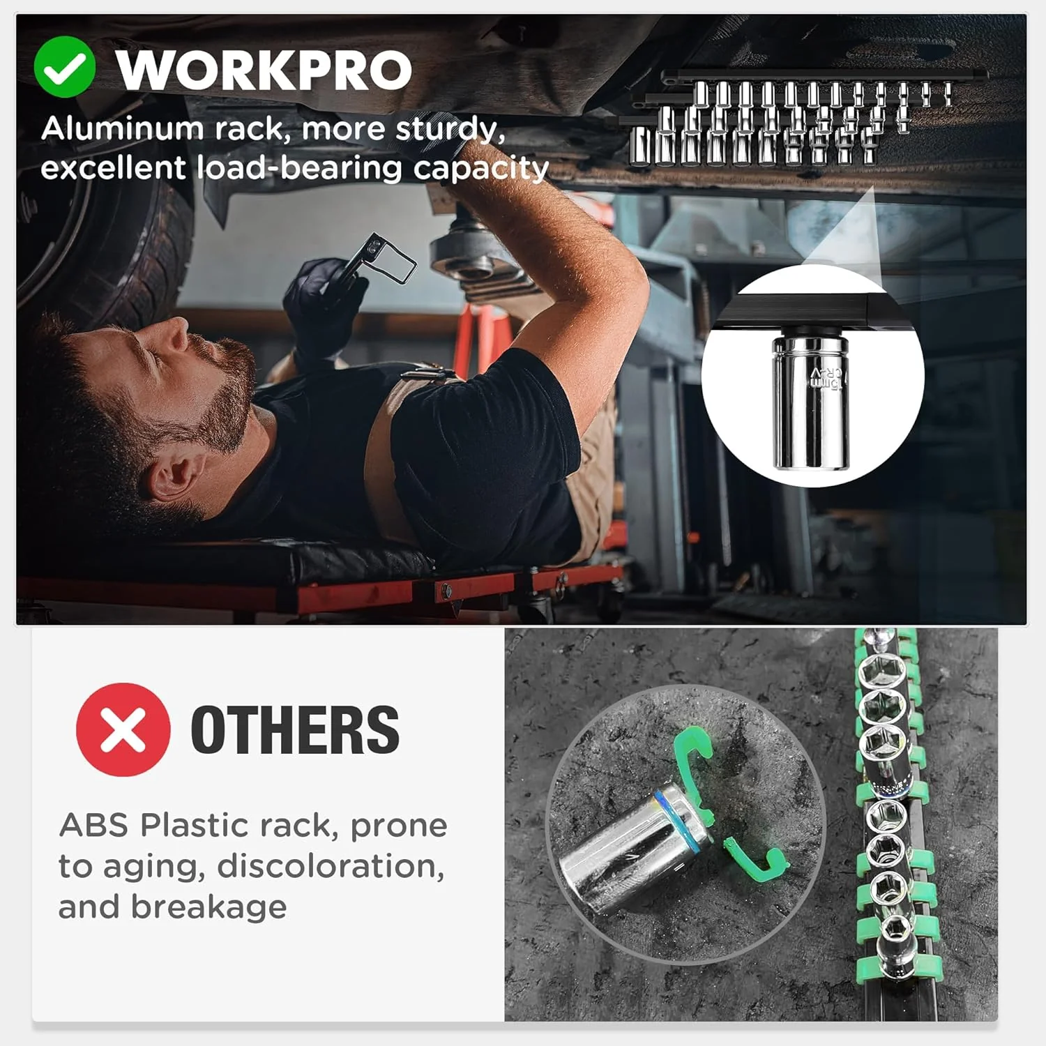 WORKPRO Magnetic Socket Organizer, 1/4-Inch Drive Aluminum Alloy Socket Rail, Heavy Duty Socket Holder, Socket Rack Kit 1/4-Inch x 12 Clips Black (Socket not Included) - Image 7