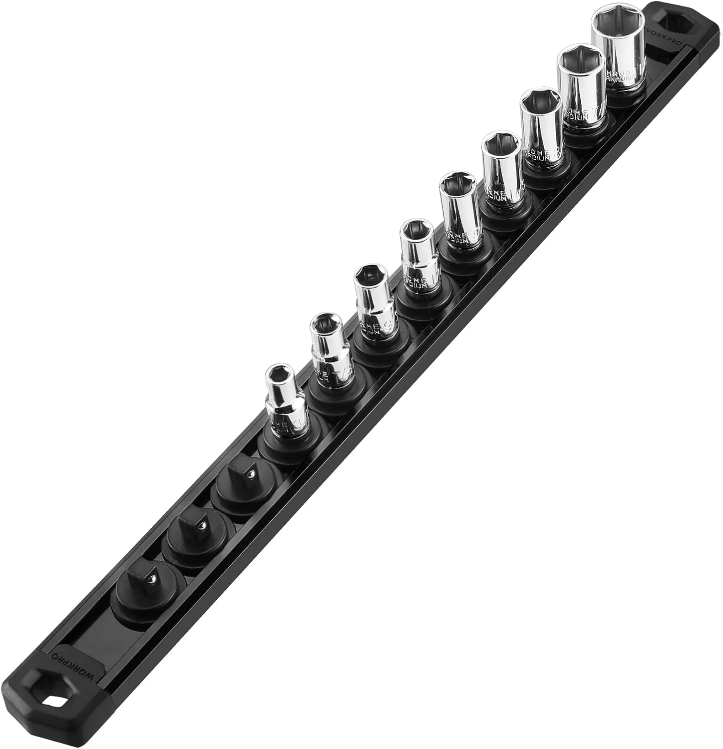 WORKPRO Magnetic Socket Organizer, 1/4-Inch Drive Aluminum Alloy Socket Rail, Heavy Duty Socket Holder, Socket Rack Kit 1/4-Inch x 12 Clips Black (Socket not Included) - Image 9
