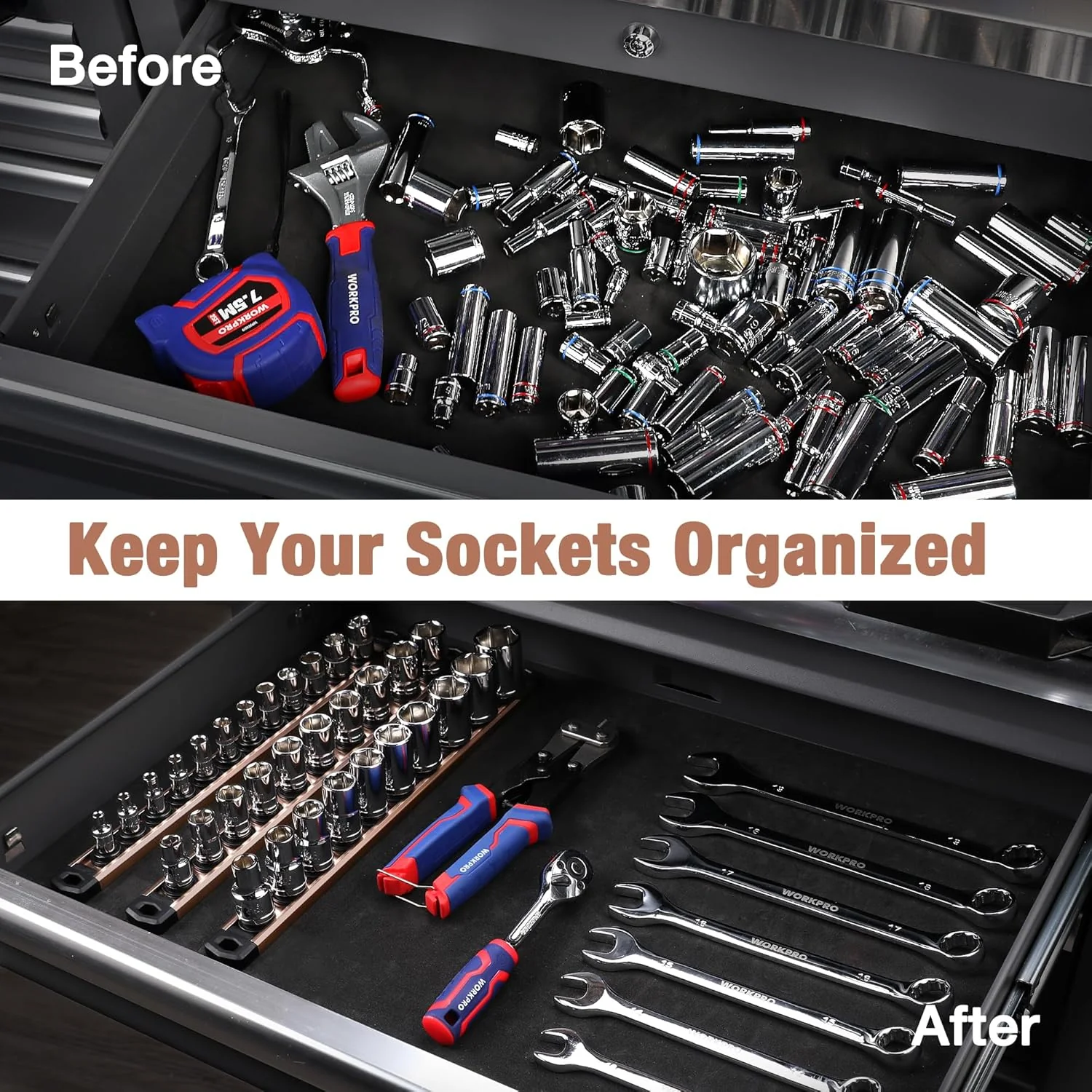 WORKPRO Magnetic Socket Organizer, 1/4-Inch Drive Aluminum Alloy Socket Rail, Heavy Duty Socket Holder, Socket Rack Kit 1/4-Inch x 12 Clips Champagne (Socket not Included) - Image 2