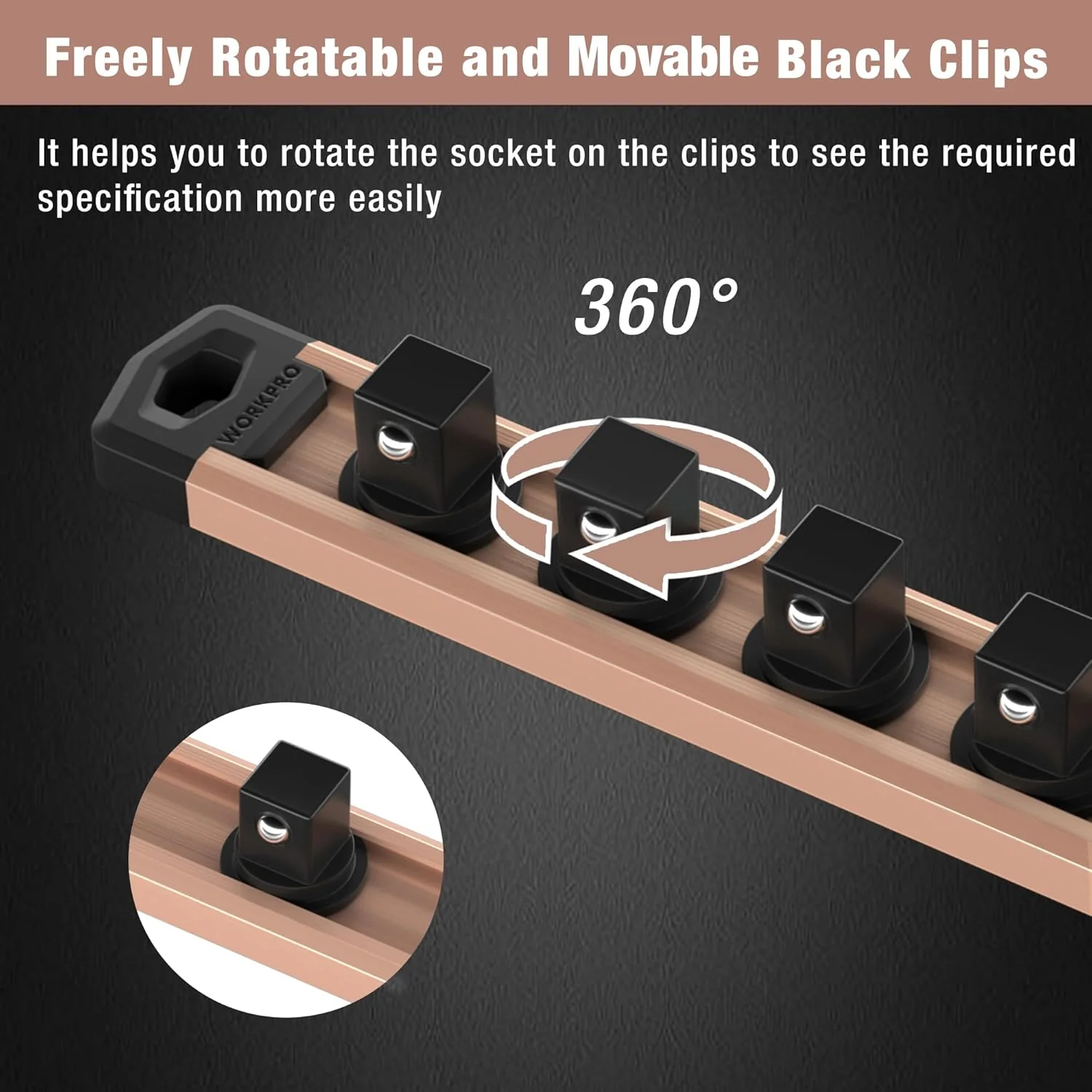 WORKPRO Magnetic Socket Organizer, 1/4-Inch Drive Aluminum Alloy Socket Rail, Heavy Duty Socket Holder, Socket Rack Kit 1/4-Inch x 12 Clips Champagne (Socket not Included) - Image 5