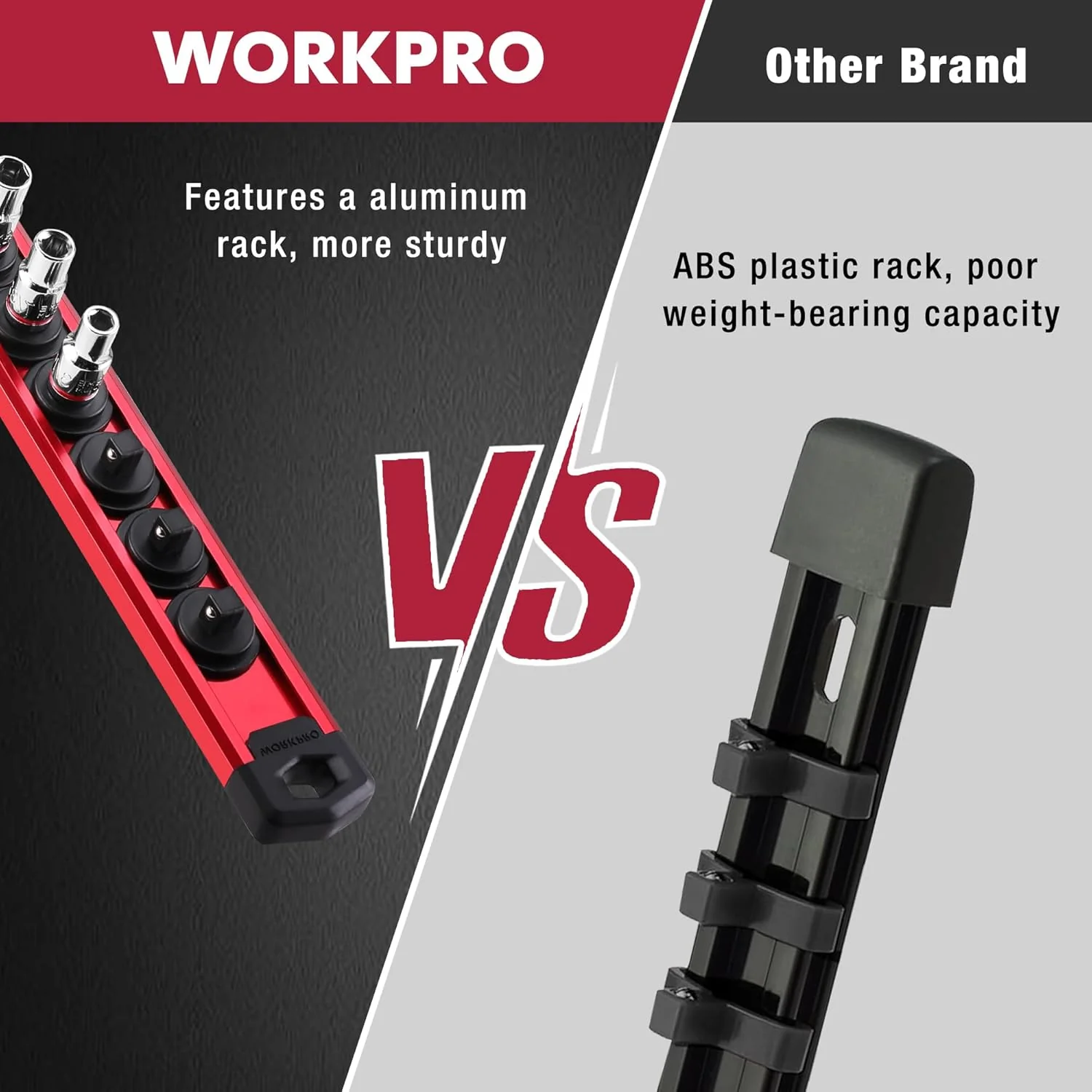 WORKPRO Magnetic Socket Organizer, 1/4-Inch Drive Aluminum Alloy Socket Rail, Heavy Duty Socket Holder, Socket Rack Kit 1/4-Inch x 12 Clips (Red) - Image 4