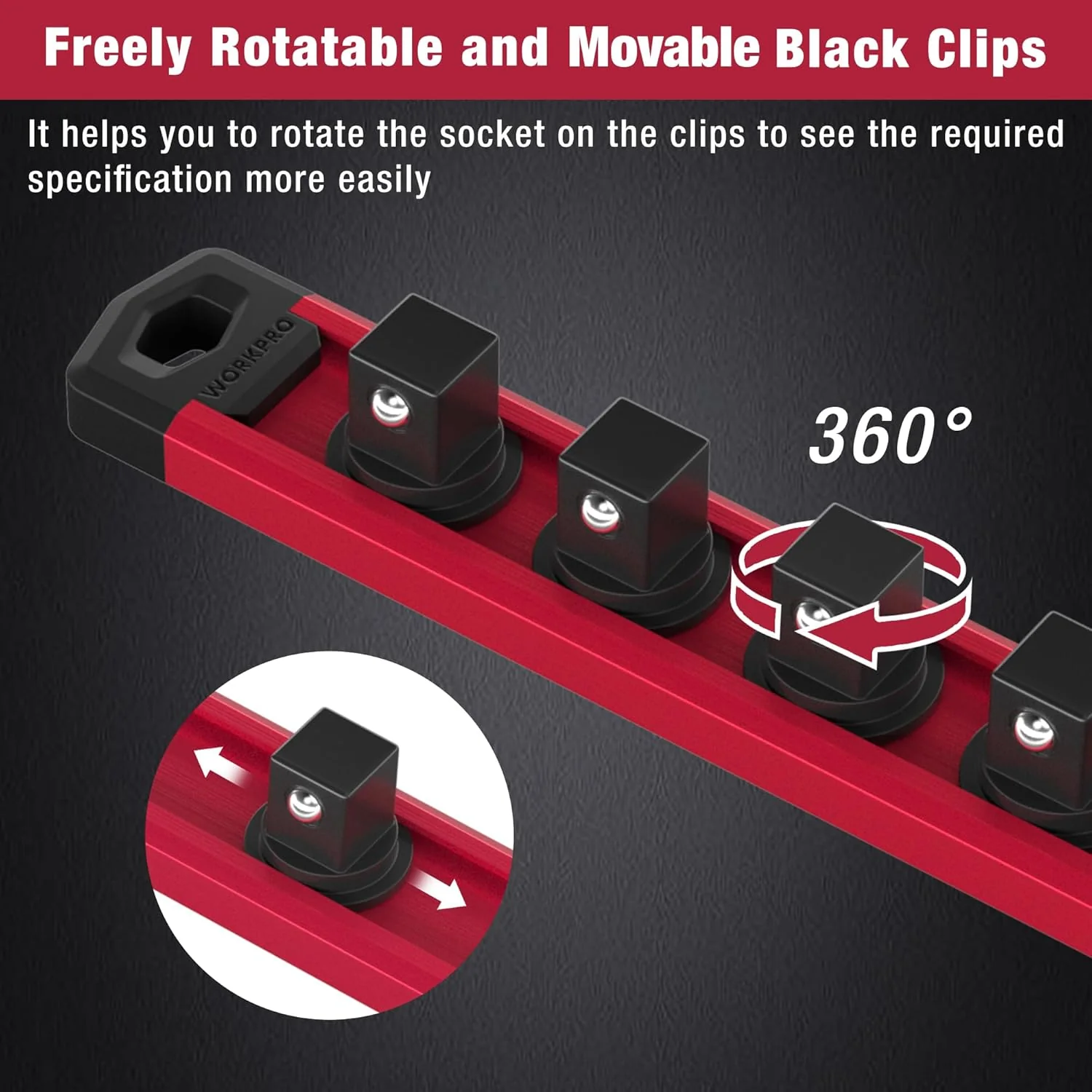 WORKPRO Magnetic Socket Organizer, 1/4-Inch Drive Aluminum Alloy Socket Rail, Heavy Duty Socket Holder, Socket Rack Kit 1/4-Inch x 12 Clips (Red) - Image 5