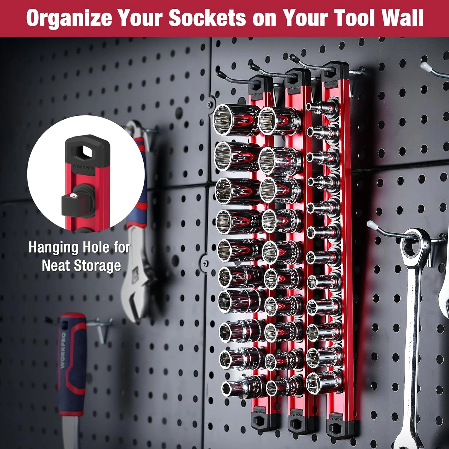 WORKPRO Magnetic Socket Organizer, 1/4-Inch Drive Aluminum Alloy Socket Rail, Heavy Duty Socket Holder, Socket Rack Kit 1/4-Inch x 12 Clips (Red) - Image 7