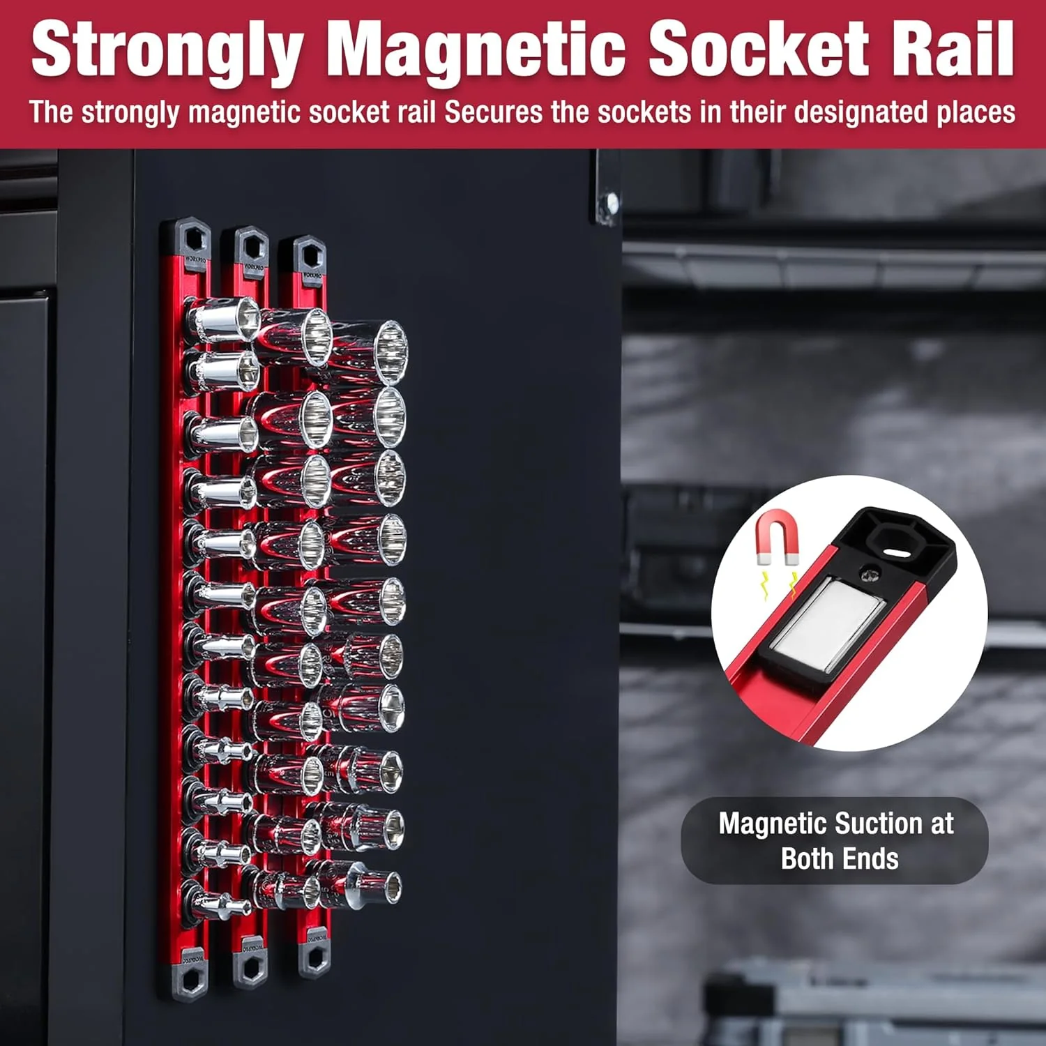 WORKPRO Magnetic Socket Organizer, 1/4-Inch Drive Aluminum Alloy Socket Rail, Heavy Duty Socket Holder, Socket Rack Kit 1/4-Inch x 12 Clips (Red) - Image 9