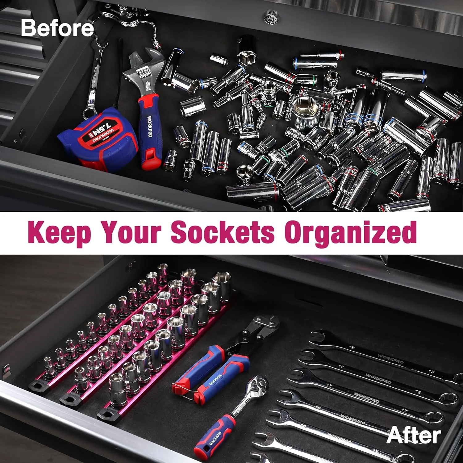 WORKPRO Magnetic Socket Organizer, 1/4-Inch Drive Aluminum Alloy Socket Rail, Heavy Duty Socket Holder, Socket Rack Kit 1/4-Inch x 12 Clips Rose Red (Socket not Included) - Image 2