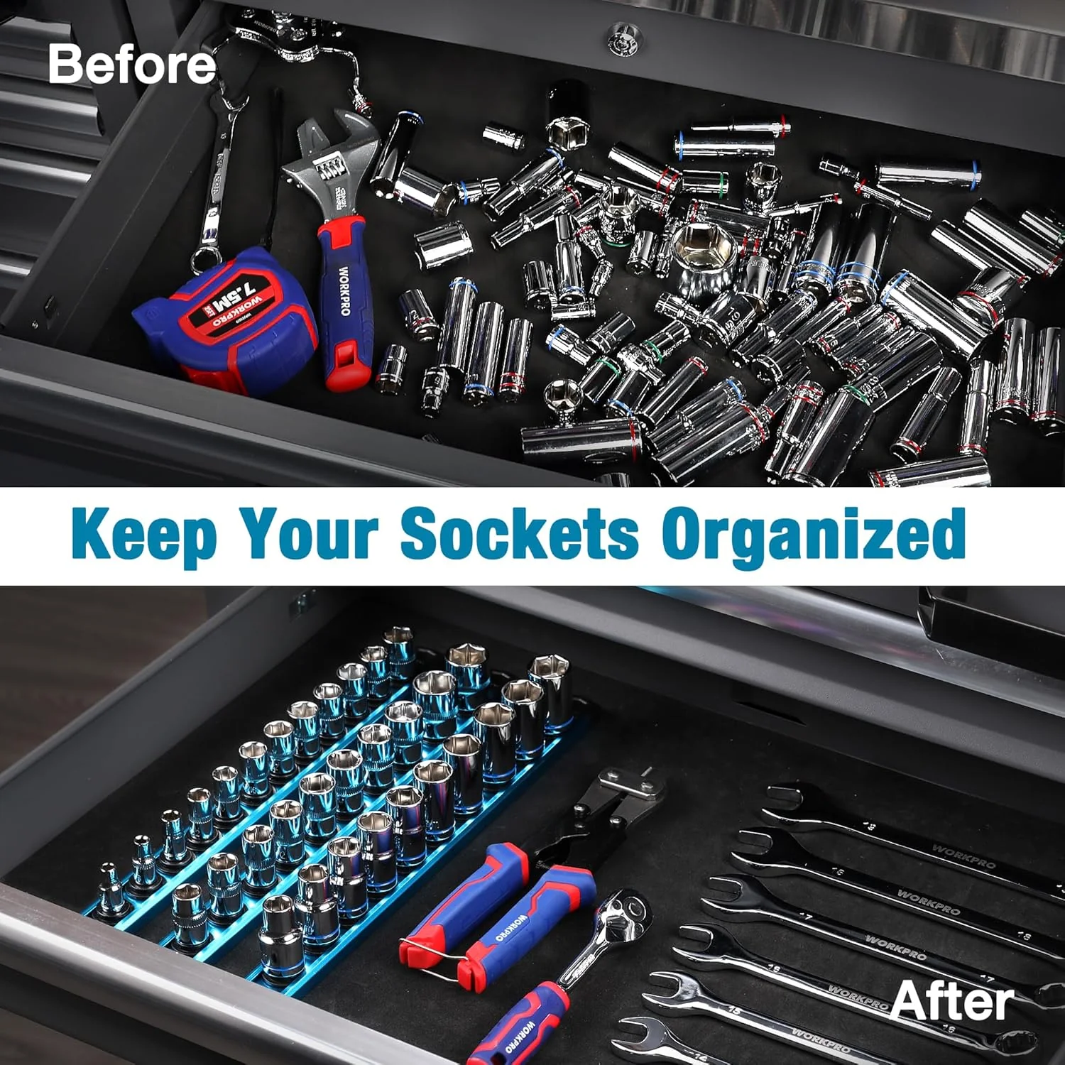 WORKPRO Magnetic Socket Organizer, 1/4-Inch Drive Aluminum Alloy Socket Rail, Heavy Duty Socket Holder, Socket Rack Kit 1/4-Inch x 12 Clips Sky Blue (Socket not Included) - Image 2