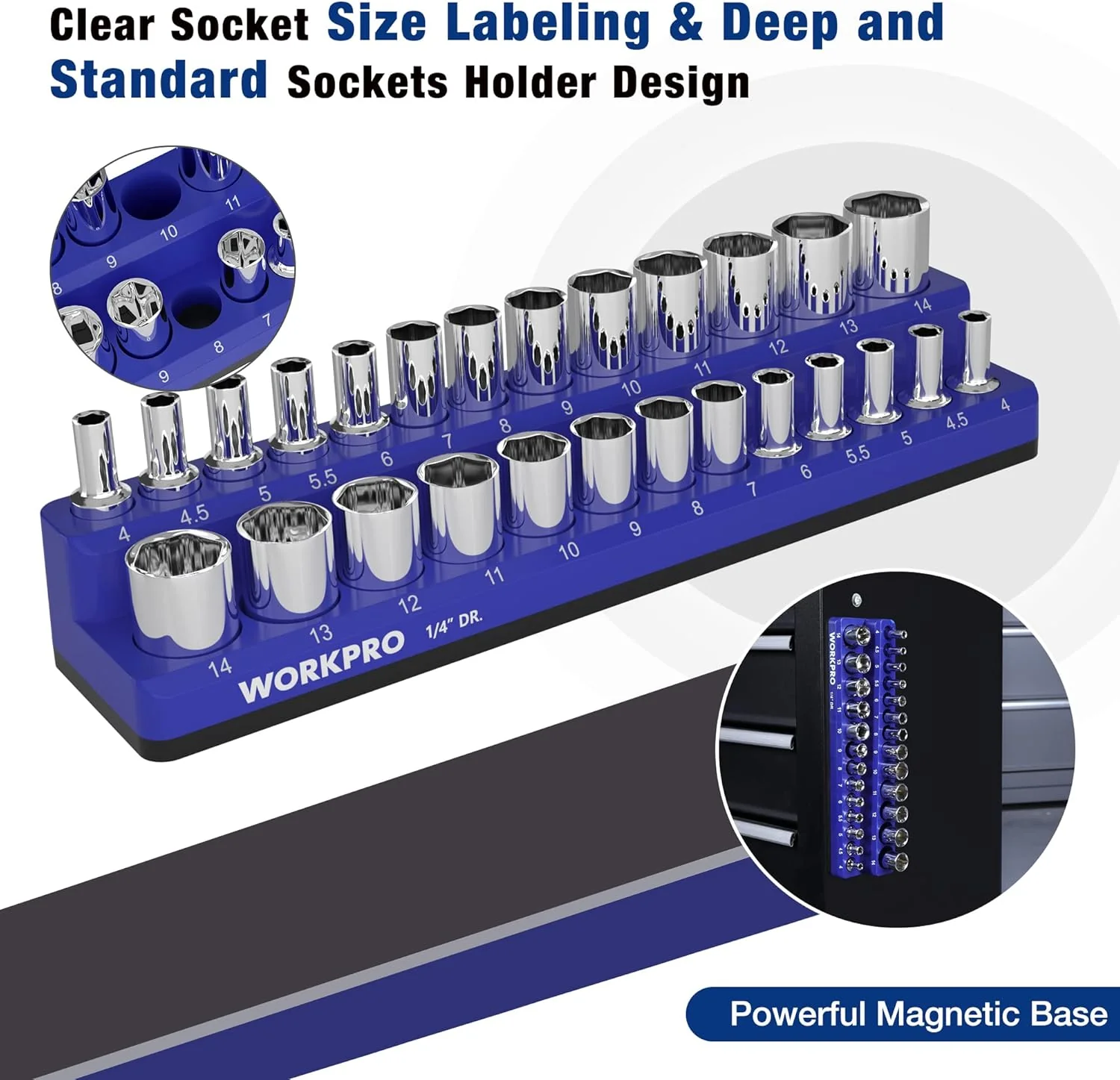WORKPRO Magnetic Socket Organizer, 1/4-Inch Metric Socket Holder, Tool Trays Holds 26 Pieces Standard Size and Deep Size Sockets(Sockets not Included) - Image 5