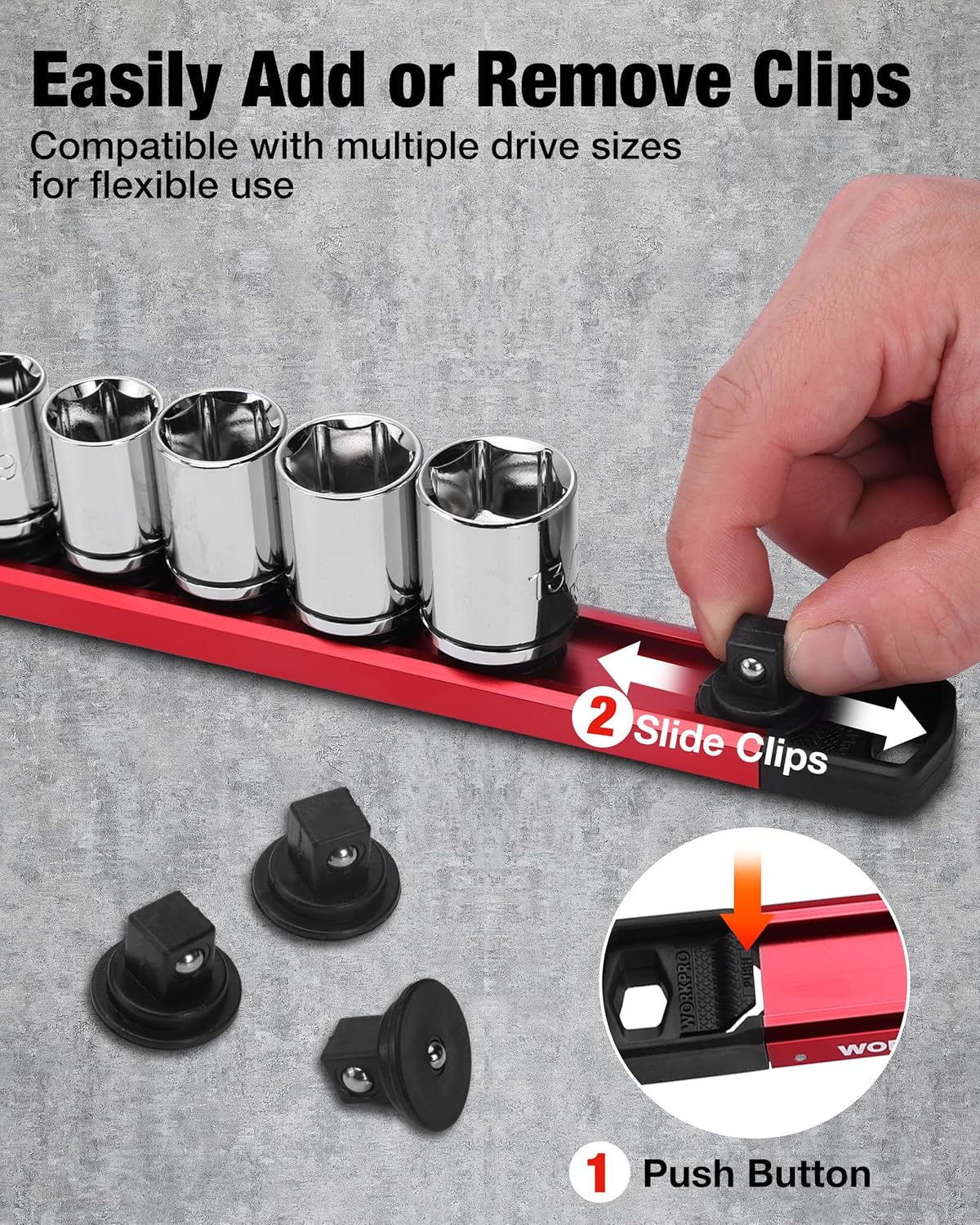 WORKPRO Magnetic Socket Organizer, 3/8" Drive Aluminum Alloy Socket Holder with 10PC Removable Clips for Quick Customization, Sockets Rail for Tool Box Drawer (Sockets Not Included) - Image 2