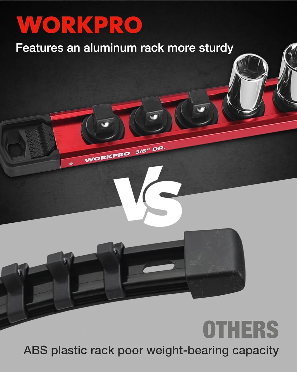WORKPRO Magnetic Socket Organizer, 3/8" Drive Aluminum Alloy Socket Holder with 10PC Removable Clips for Quick Customization, Sockets Rail for Tool Box Drawer (Sockets Not Included) - Image 4