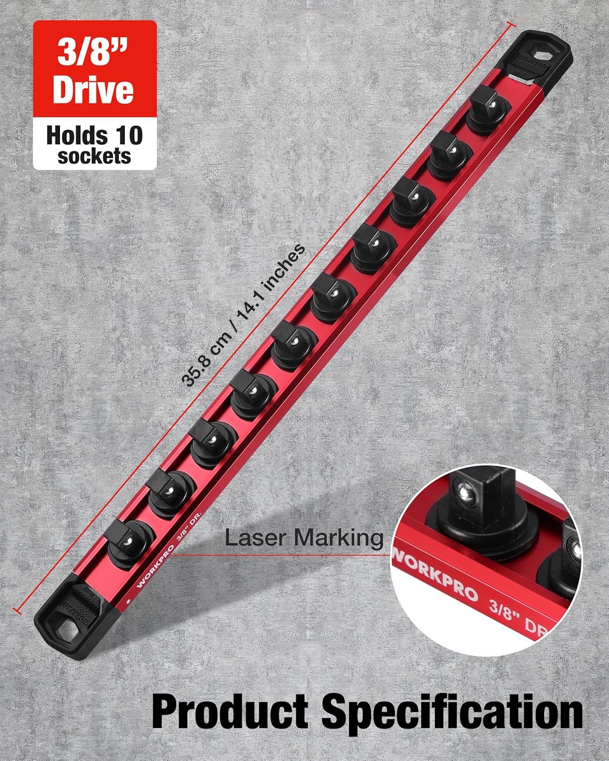 WORKPRO Magnetic Socket Organizer, 3/8" Drive Aluminum Alloy Socket Holder with 10PC Removable Clips for Quick Customization, Sockets Rail for Tool Box Drawer (Sockets Not Included) - Image 7