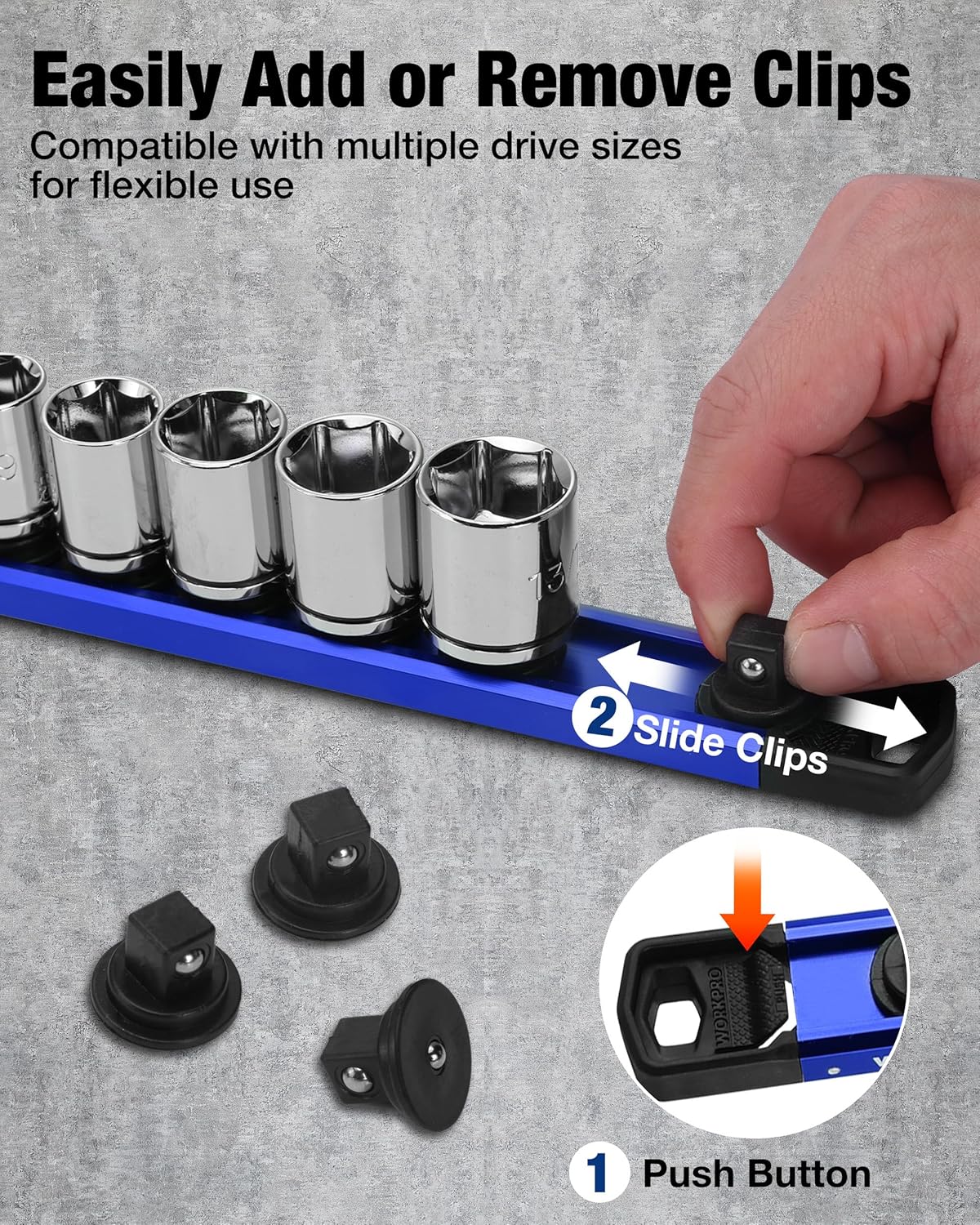 WORKPRO Magnetic Socket Organizer, 3/8" Drive Aluminum Alloy Socket Holder with 10PC Removable Socket Clips for Quick Customization, Socket Rail for Tool Box Drawer (Sockets Not Included) - Image 2