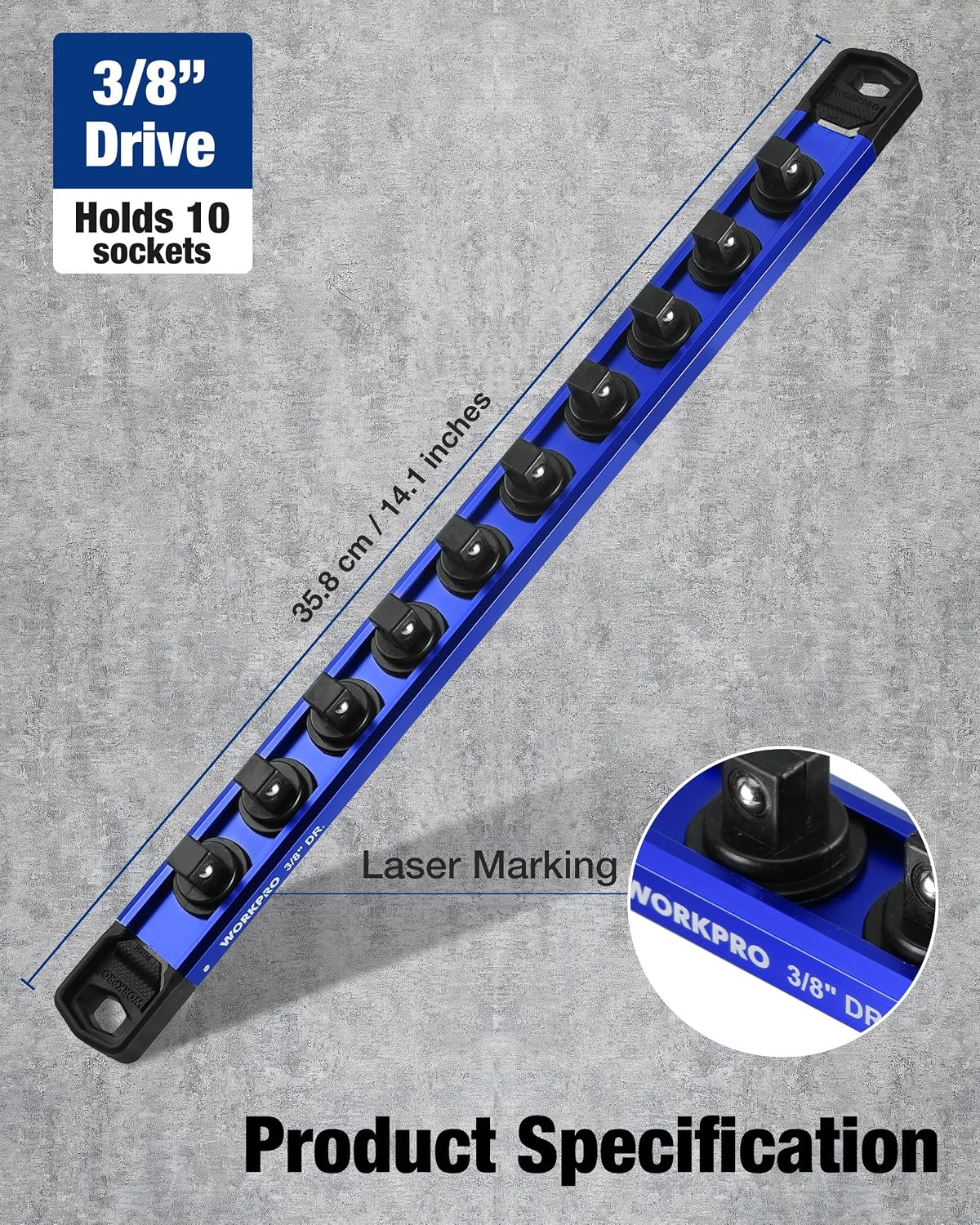WORKPRO Magnetic Socket Organizer, 3/8" Drive Aluminum Alloy Socket Holder with 10PC Removable Socket Clips for Quick Customization, Socket Rail for Tool Box Drawer (Sockets Not Included) - Image 7