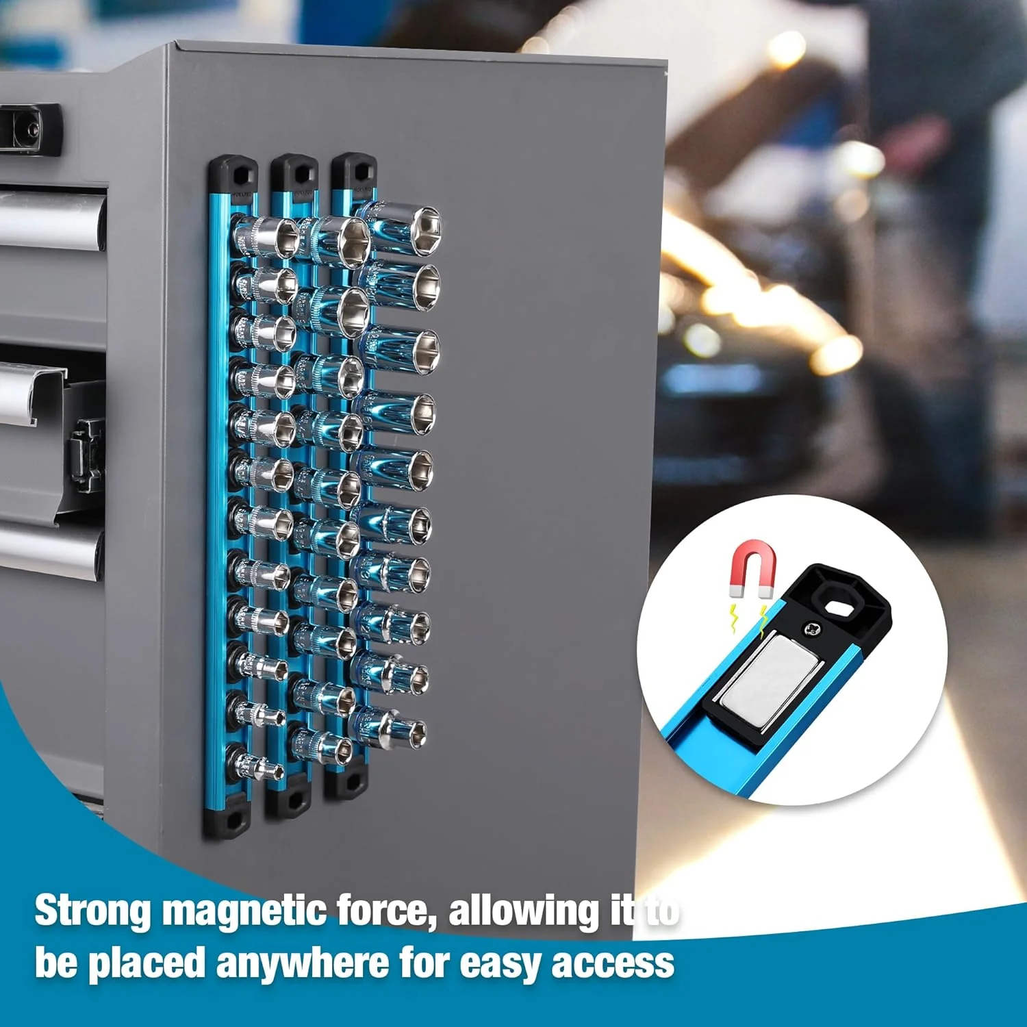 WORKPRO Magnetic Socket Organizer, 3/8-Inch Drive Aluminum Alloy Socket Rail, Heavy Duty Socket Holder, Socket Rack Kit 3/8-Inch x 10 Clips Sky Blue (Socket not Included) - Image 3
