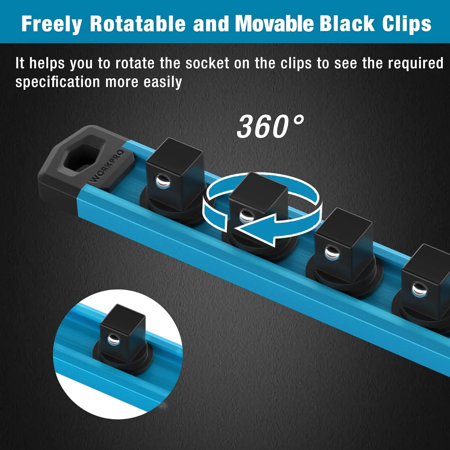 WORKPRO Magnetic Socket Organizer, 3/8-Inch Drive Aluminum Alloy Socket Rail, Heavy Duty Socket Holder, Socket Rack Kit 3/8-Inch x 10 Clips Sky Blue (Socket not Included) - Image 5