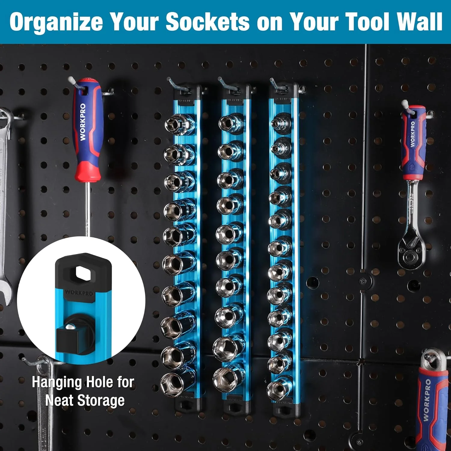 WORKPRO Magnetic Socket Organizer, 3/8-Inch Drive Aluminum Alloy Socket Rail, Heavy Duty Socket Holder, Socket Rack Kit 3/8-Inch x 10 Clips Sky Blue (Socket not Included) - Image 6