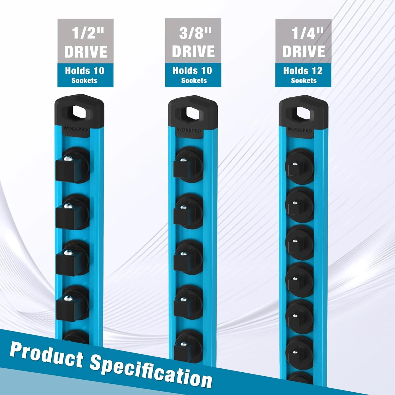 WORKPRO Magnetic Socket Organizer, 3/8-Inch Drive Aluminum Alloy Socket Rail, Heavy Duty Socket Holder, Socket Rack Kit 3/8-Inch x 10 Clips Sky Blue (Socket not Included) - Image 8