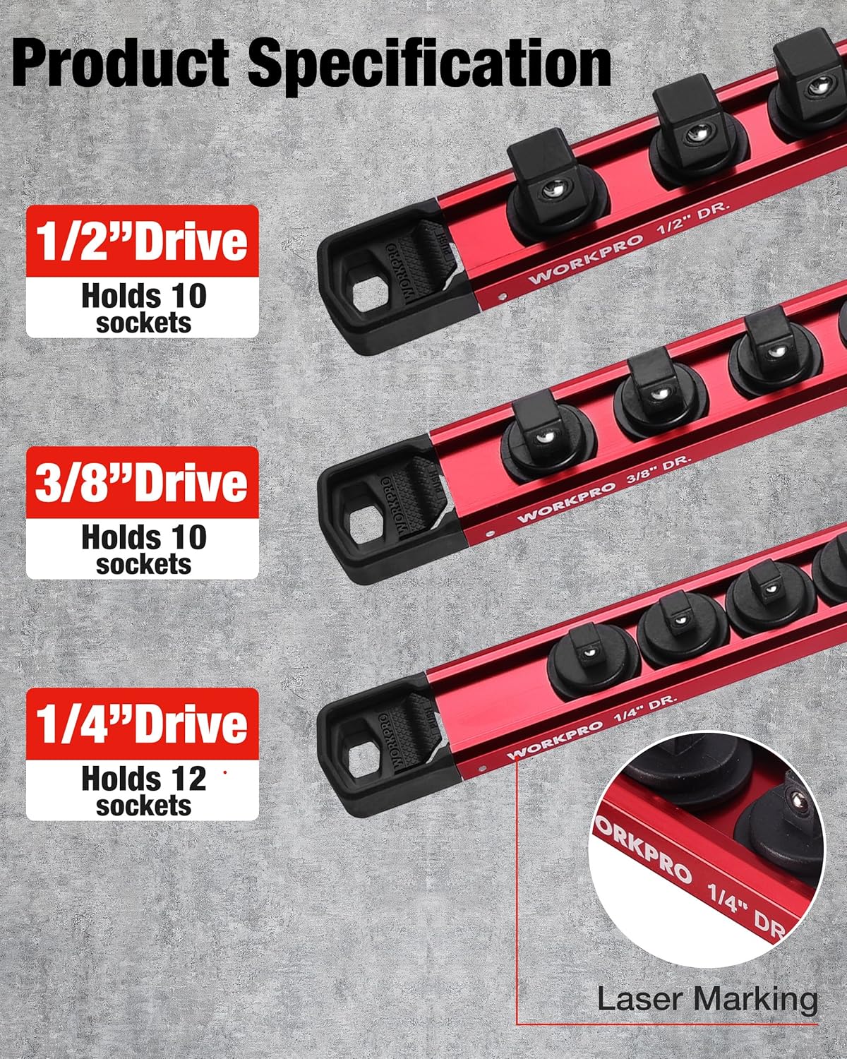 WORKPRO Magnetic Socket Organizer Set, 1/2" 3/8" 1/4" Drive Aluminum Alloy Socket Holder with Removable Socket Clip for Quick Customization, 3PC Socket Rail for Tool Box Drawer (Socket Excluded) - Image 7