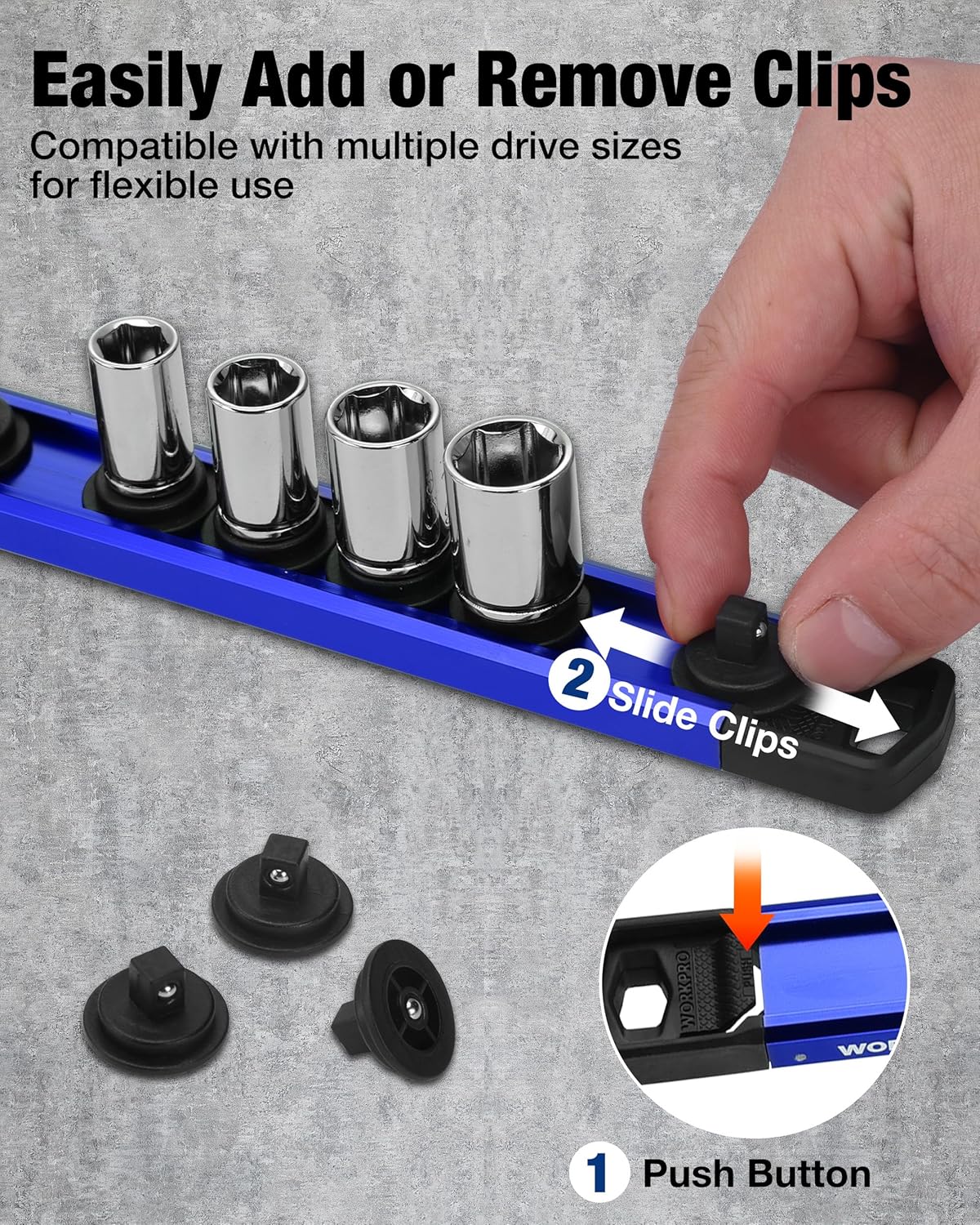 WORKPRO Magnetic Socket Organizer Set, 1/2" 3/8" 1/4" Drive Aluminum Alloy Socket Holder with Removable Socket Clip for Quick Customization, 3PC Socket Rail for Tool Box Drawer (Sockets Excluded) - Image 2