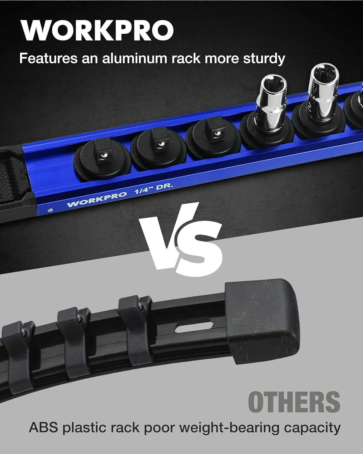 WORKPRO Magnetic Socket Organizer Set, 1/2" 3/8" 1/4" Drive Aluminum Alloy Socket Holder with Removable Socket Clip for Quick Customization, 3PC Socket Rail for Tool Box Drawer (Sockets Excluded) - Image 4