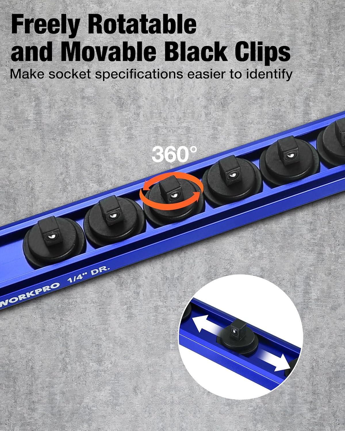 WORKPRO Magnetic Socket Organizer Set, 1/2" 3/8" 1/4" Drive Aluminum Alloy Socket Holder with Removable Socket Clip for Quick Customization, 3PC Socket Rail for Tool Box Drawer (Sockets Excluded) - Image 5