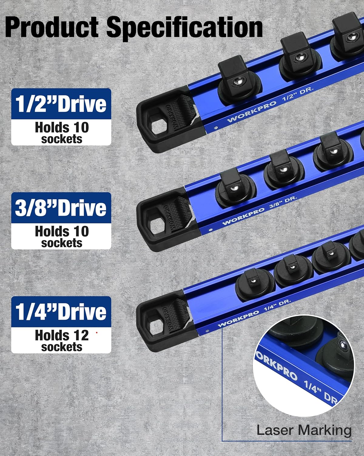 WORKPRO Magnetic Socket Organizer Set, 1/2" 3/8" 1/4" Drive Aluminum Alloy Socket Holder with Removable Socket Clip for Quick Customization, 3PC Socket Rail for Tool Box Drawer (Sockets Excluded) - Image 7