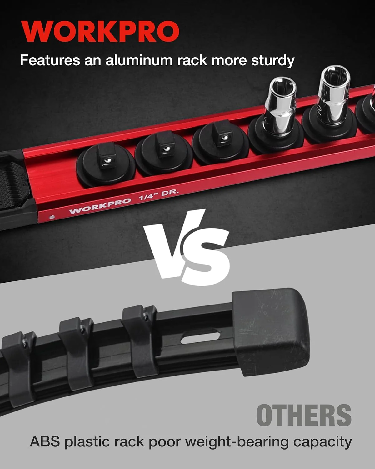 WORKPRO Magnetic Socket Organizer Set, 1/2" 3/8" 1/4" Drive Aluminum Alloy Socket Holder with Removable Socket Clips for Quick Customization, 6PC Socket Rail for Tool Box Drawer (Sockets Excluded) - Image 4