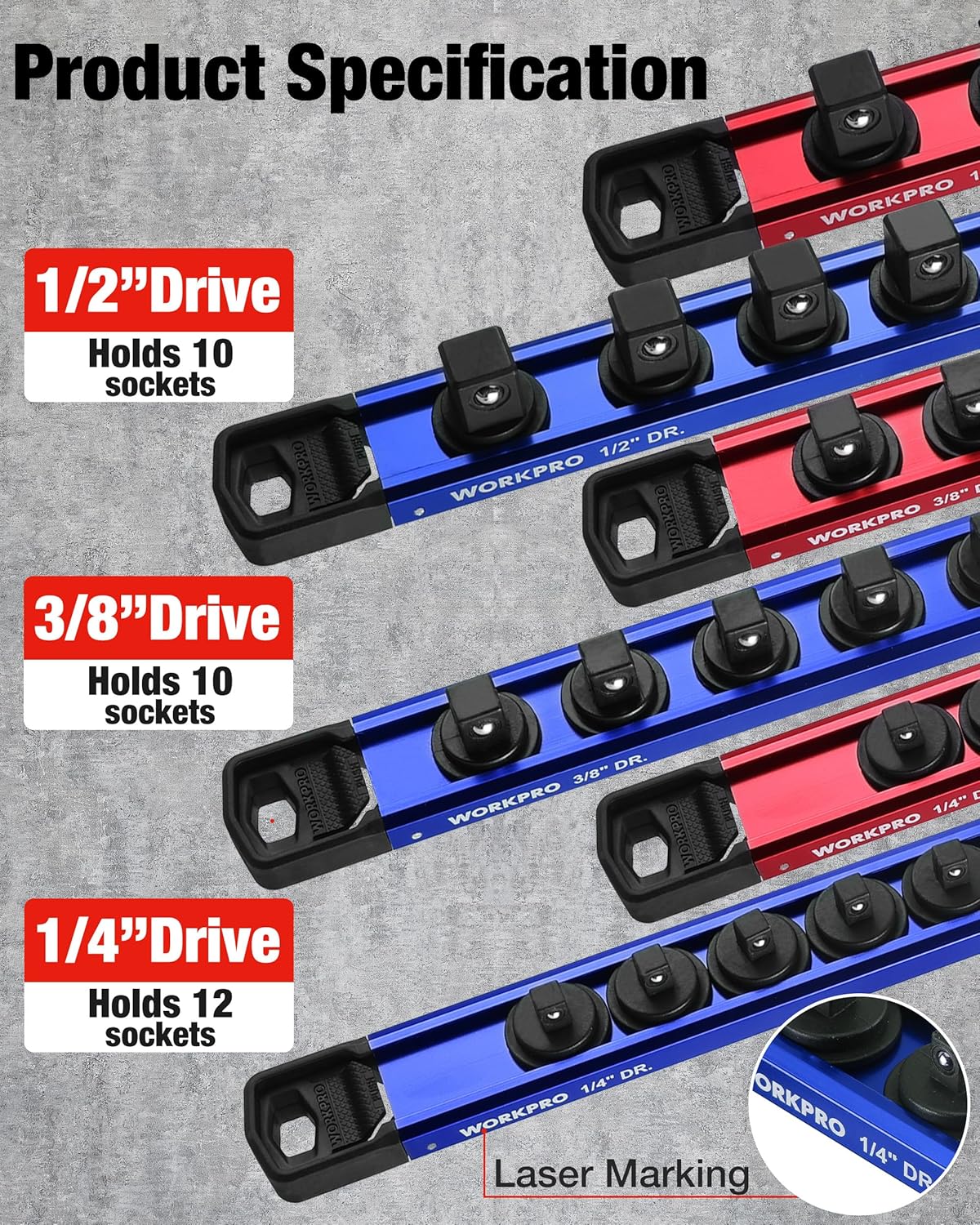 WORKPRO Magnetic Socket Organizer Set, 1/2" 3/8" 1/4" Drive Aluminum Alloy Socket Holder with Removable Socket Clips for Quick Customization, 6PC Socket Rail for Tool Box Drawer (Sockets Excluded) - Image 7