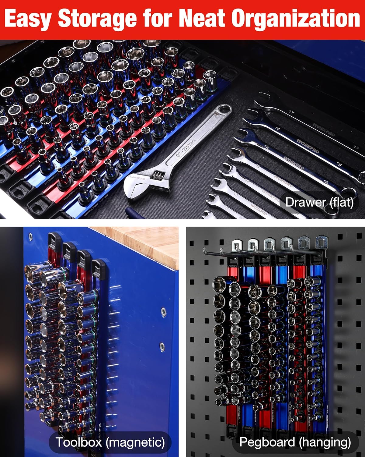 WORKPRO Magnetic Socket Organizer Set, 1/2" 3/8" 1/4" Drive Aluminum Alloy Socket Holder with Removable Socket Clips for Quick Customization, 6PC Socket Rail for Tool Box Drawer (Sockets Excluded) - Image 8