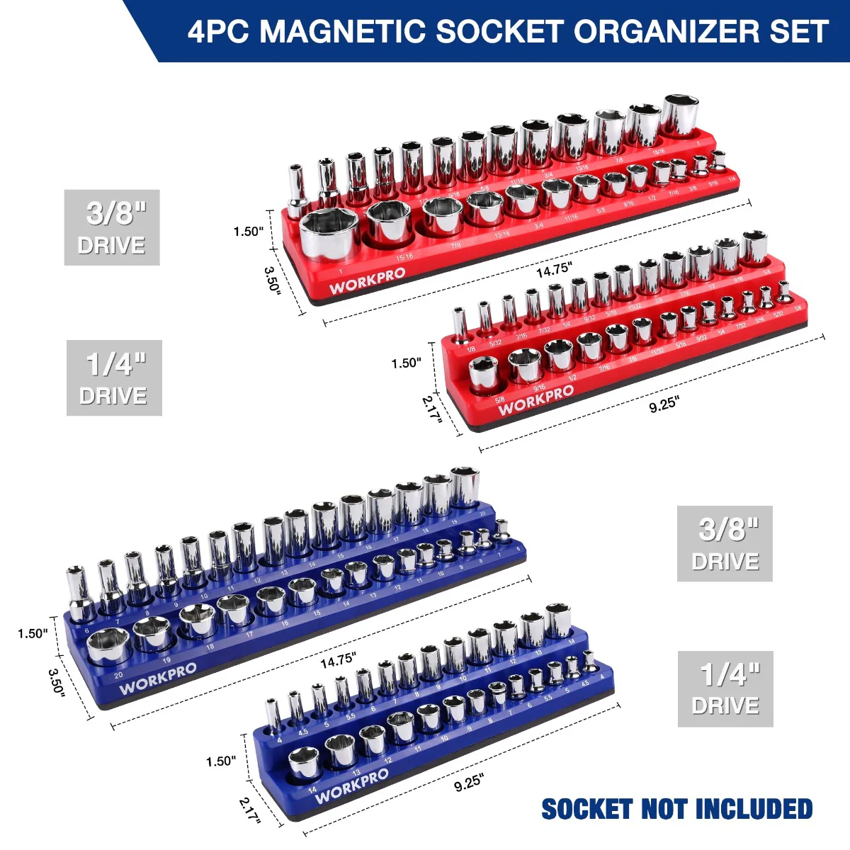 WORKPRO Magnetic Receptacle Organizer Set of 4 Includes 1/4", 3/8" Drive Metric SAE Receptacle Tray, Holds 108 Standard Sizes - Image 3