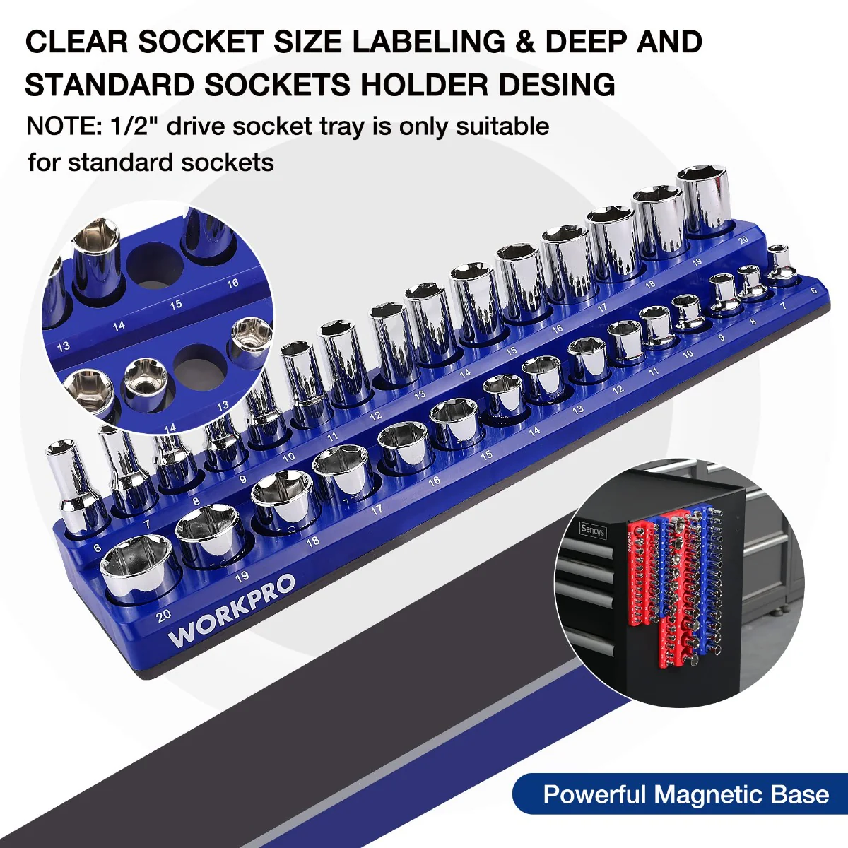 WORKPRO Magnetic Receptacle Organizer Set of 4 Includes 1/4", 3/8" Drive Metric SAE Receptacle Tray, Holds 108 Standard Sizes - Image 5