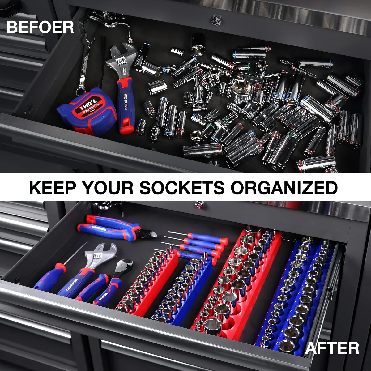 WORKPRO Magnetic Receptacle Organizer Set of 4 Includes 1/4", 3/8" Drive Metric SAE Receptacle Tray, Holds 108 Standard Sizes - Image 6